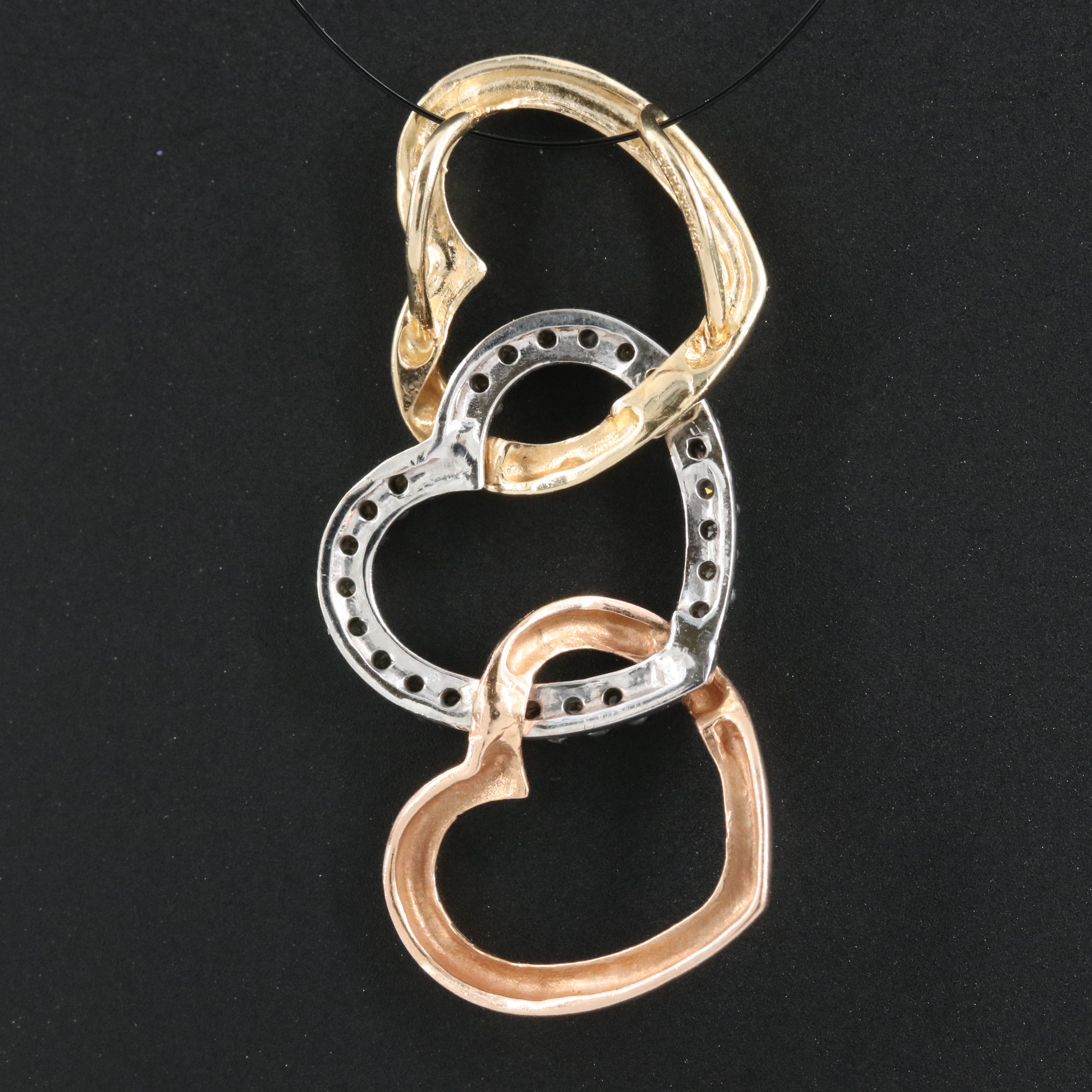 Tri-Color 14K Diamond Triple Heart Pendant