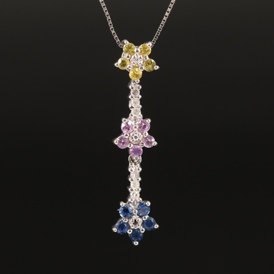 10K Sapphire and Diamond Flower Pendant Necklace
