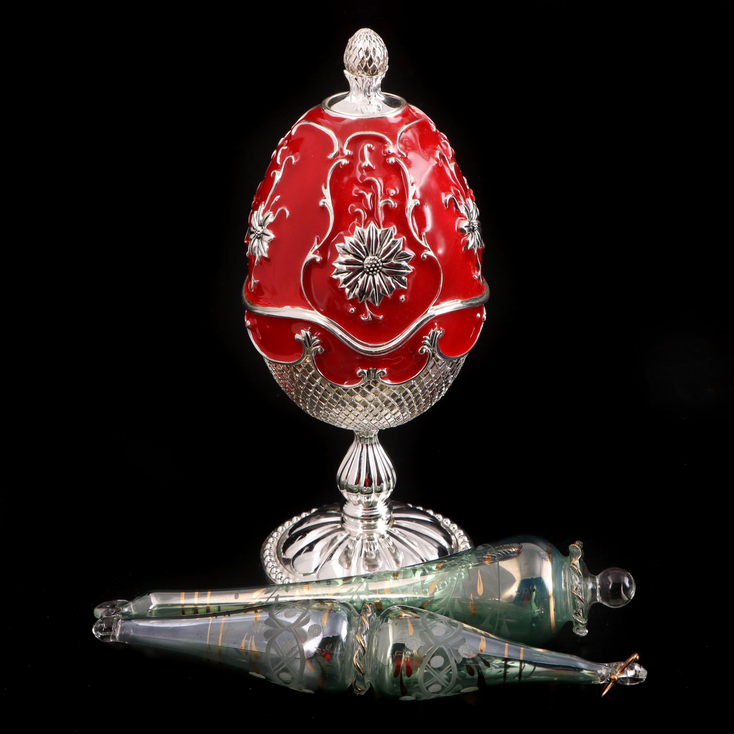 Wallace Silver Plate Musical Holiday Egg with Egyptian Blown Glass Ornaments
