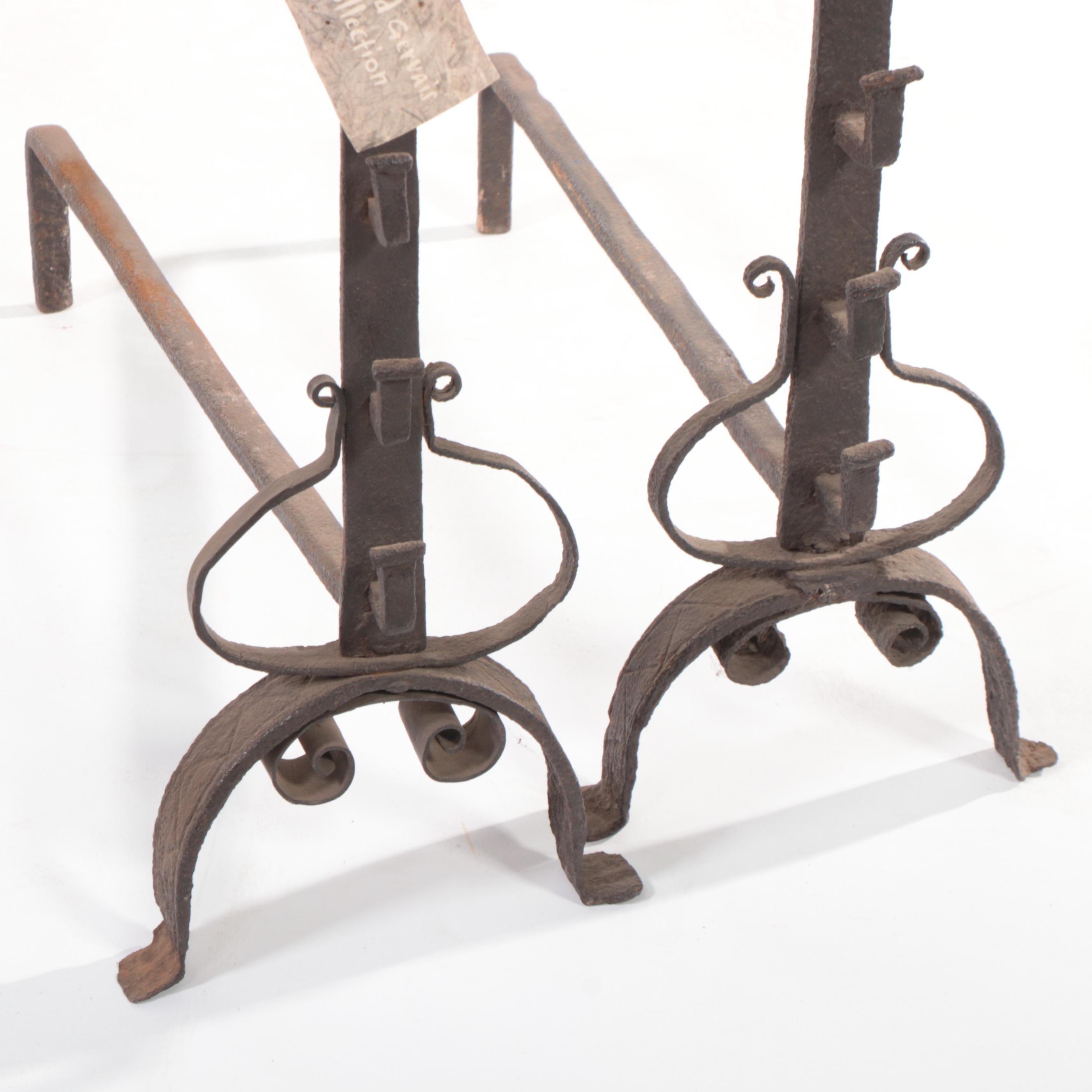 Scrolled Wrought Iron Andirons with Spit Holders