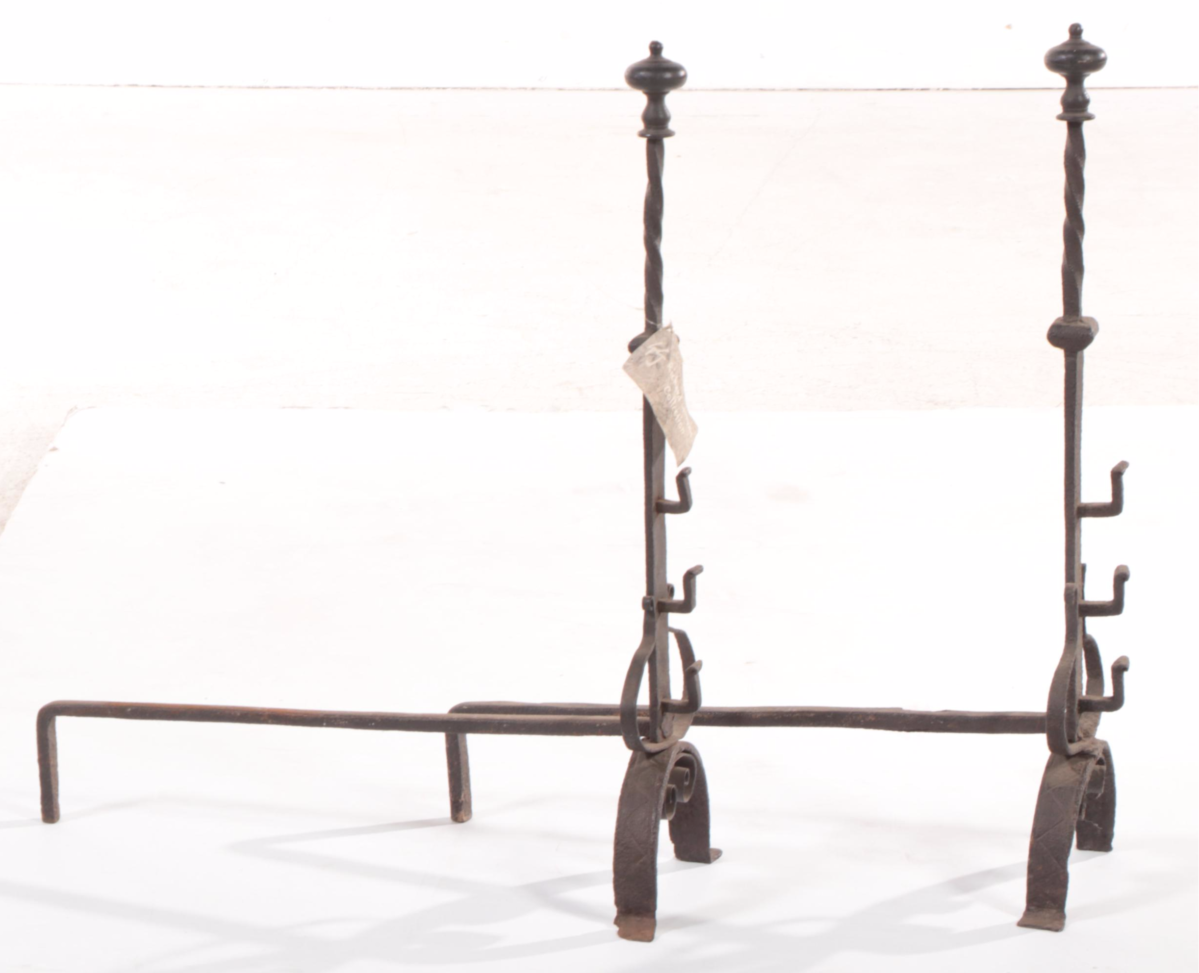 Scrolled Wrought Iron Andirons with Spit Holders