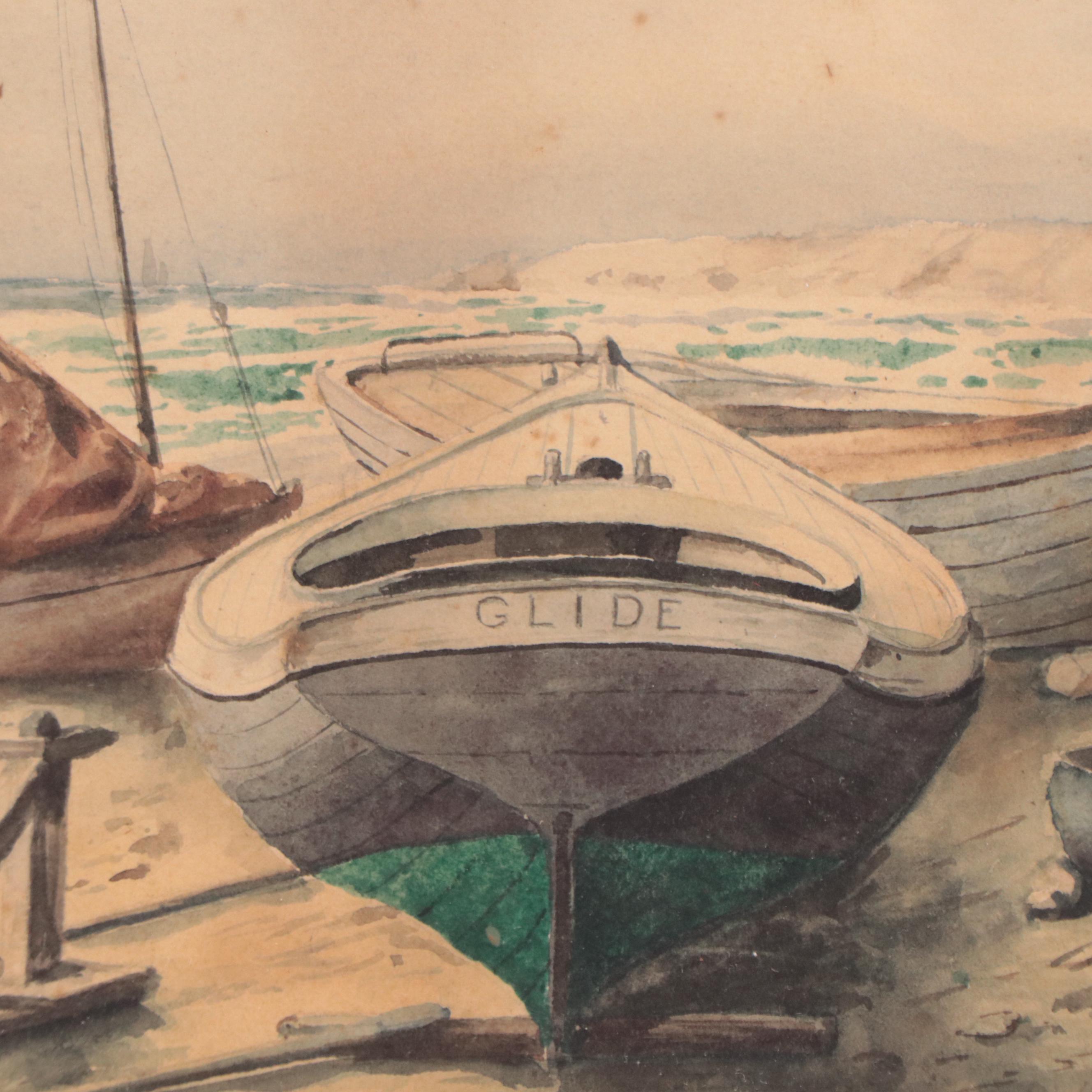 Nautical Landscape Watercolor Painting, Circa 1900