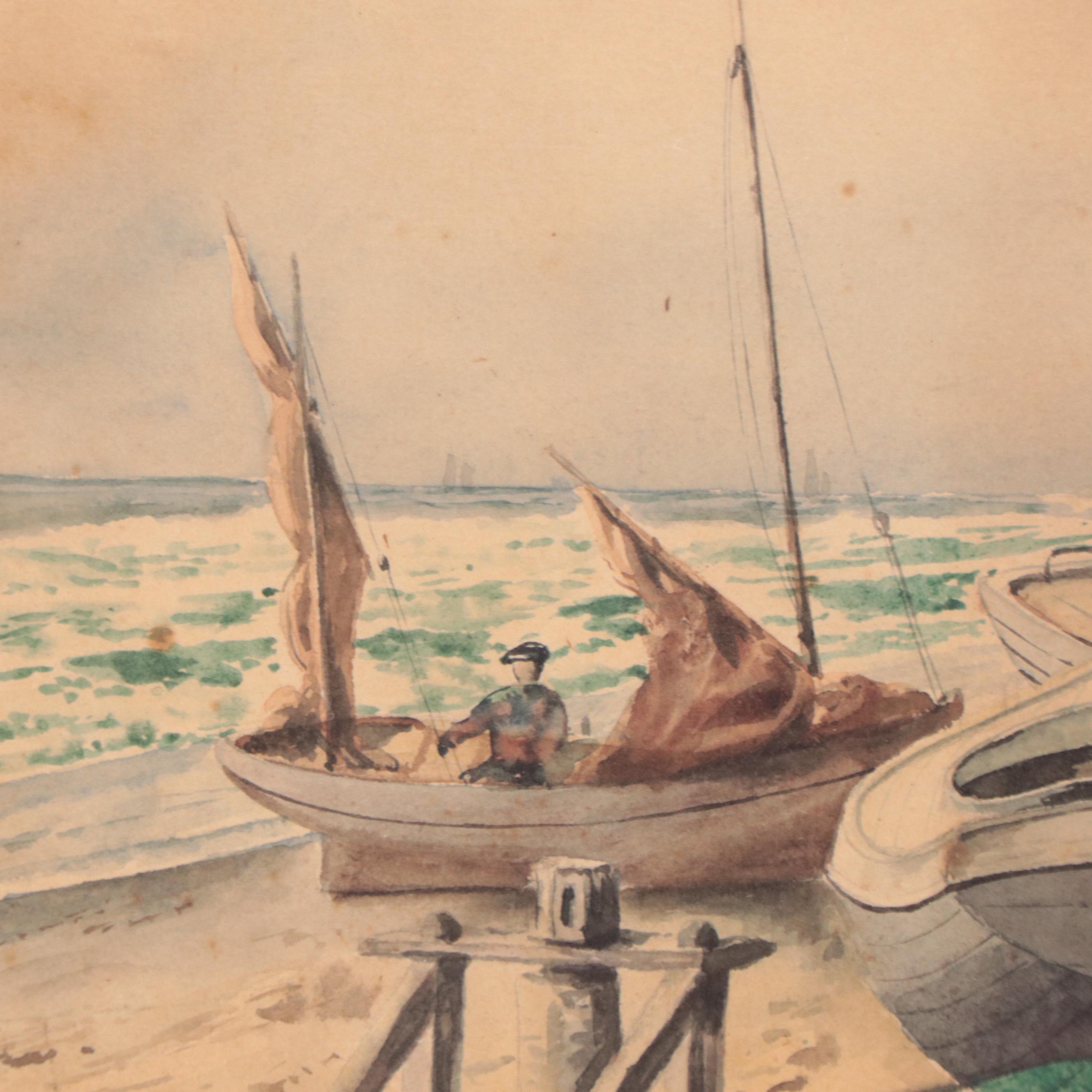 Nautical Landscape Watercolor Painting, Circa 1900