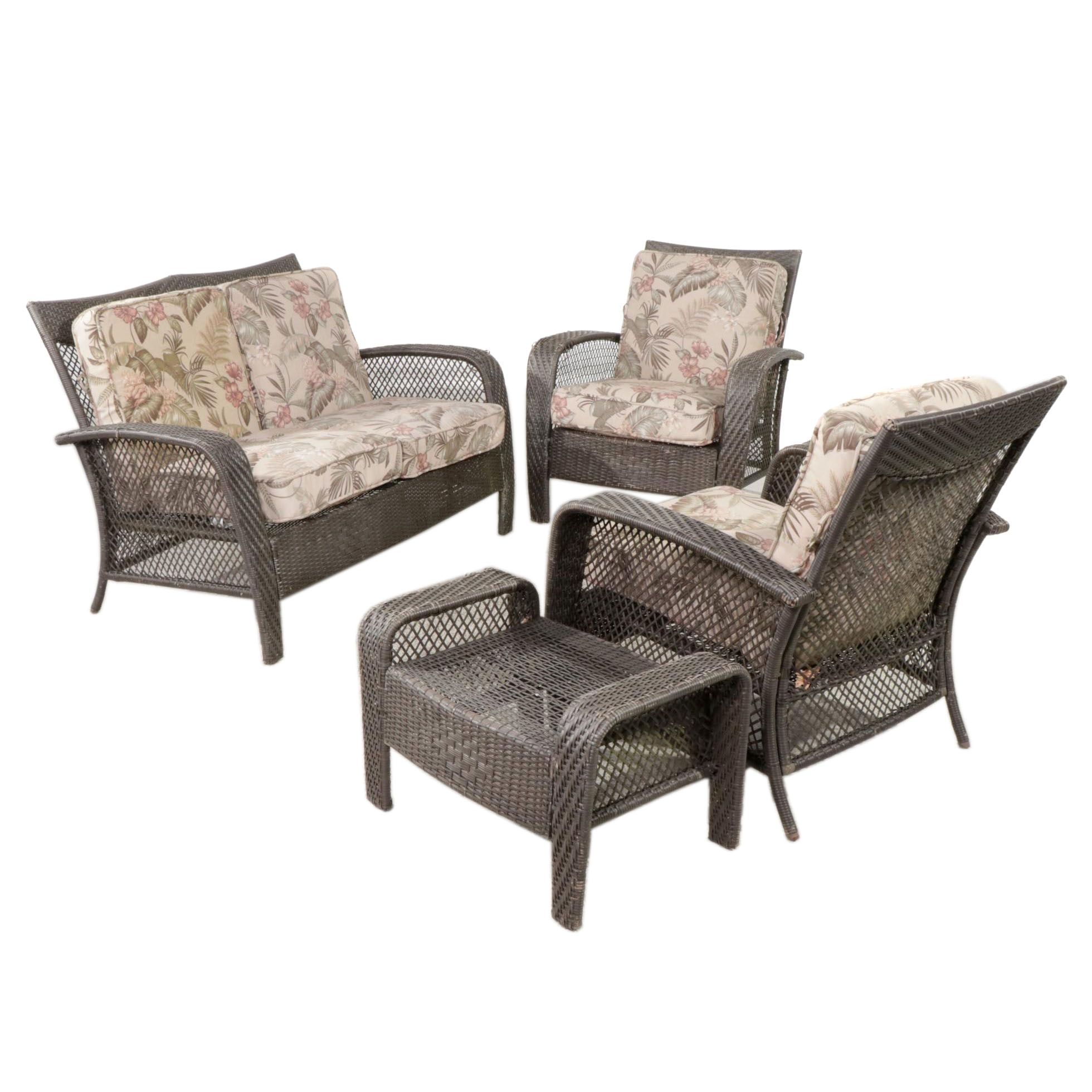 Resin Wicker and Metal Framed Patio Loveseat, Lounge Chairs and Ottoman