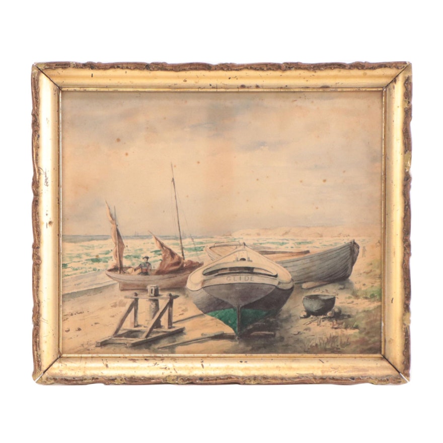 Nautical Landscape Watercolor Painting, Circa 1900