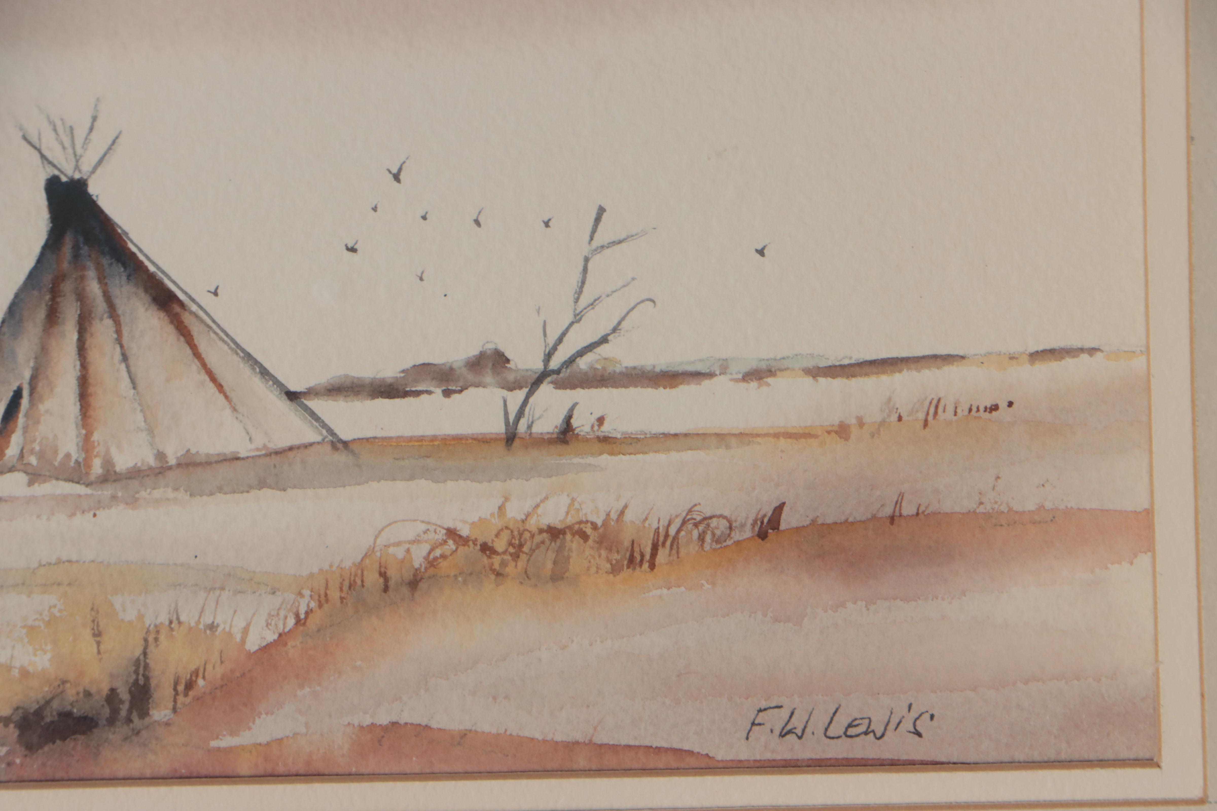 Fred W. Lewis Landscape Watercolor Painting of Native American Encampment
