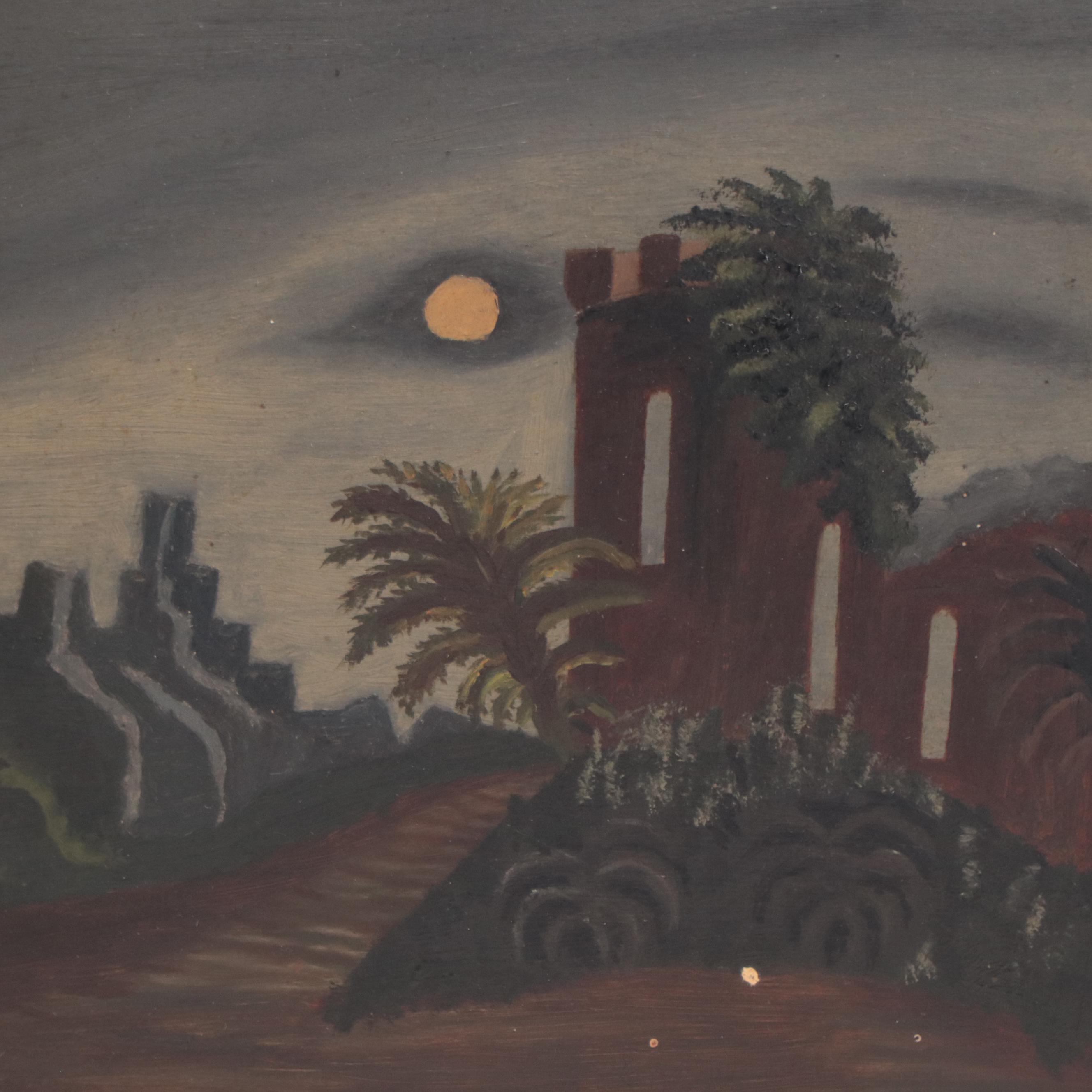 Naïve Oil Painting of Nocturne Landscape Ruins, Circa 1900