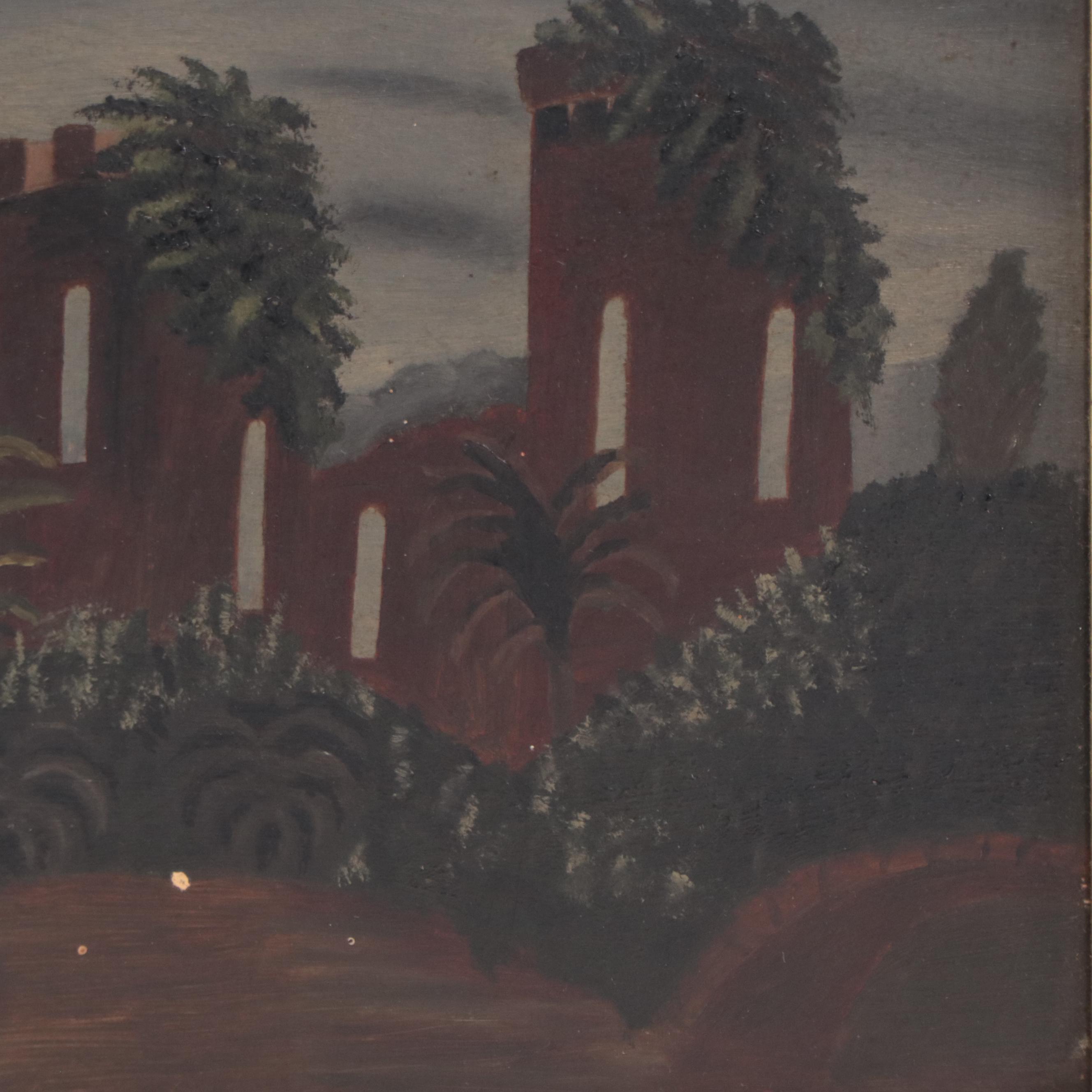 Naïve Oil Painting of Nocturne Landscape Ruins, Circa 1900