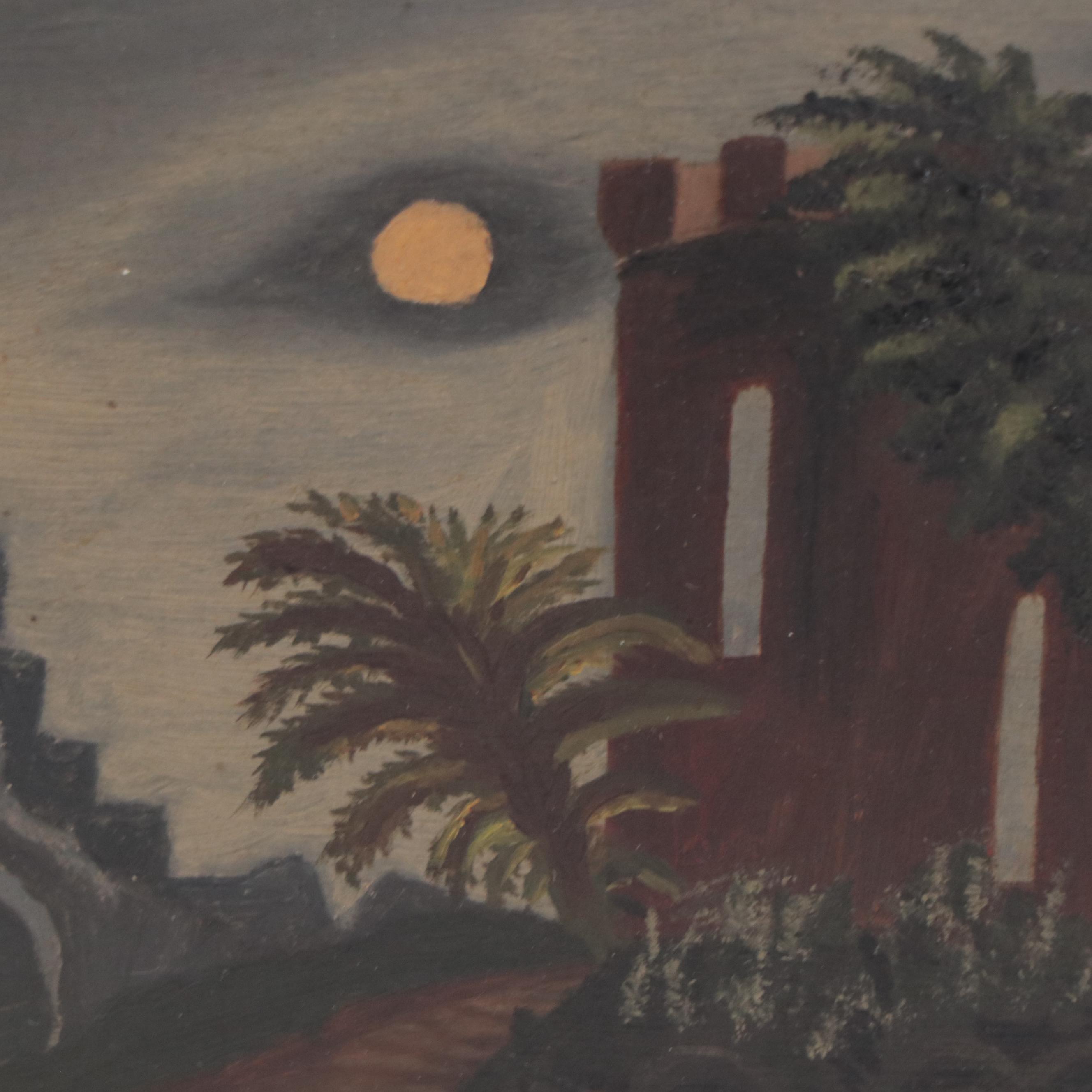 Naïve Oil Painting of Nocturne Landscape Ruins, Circa 1900