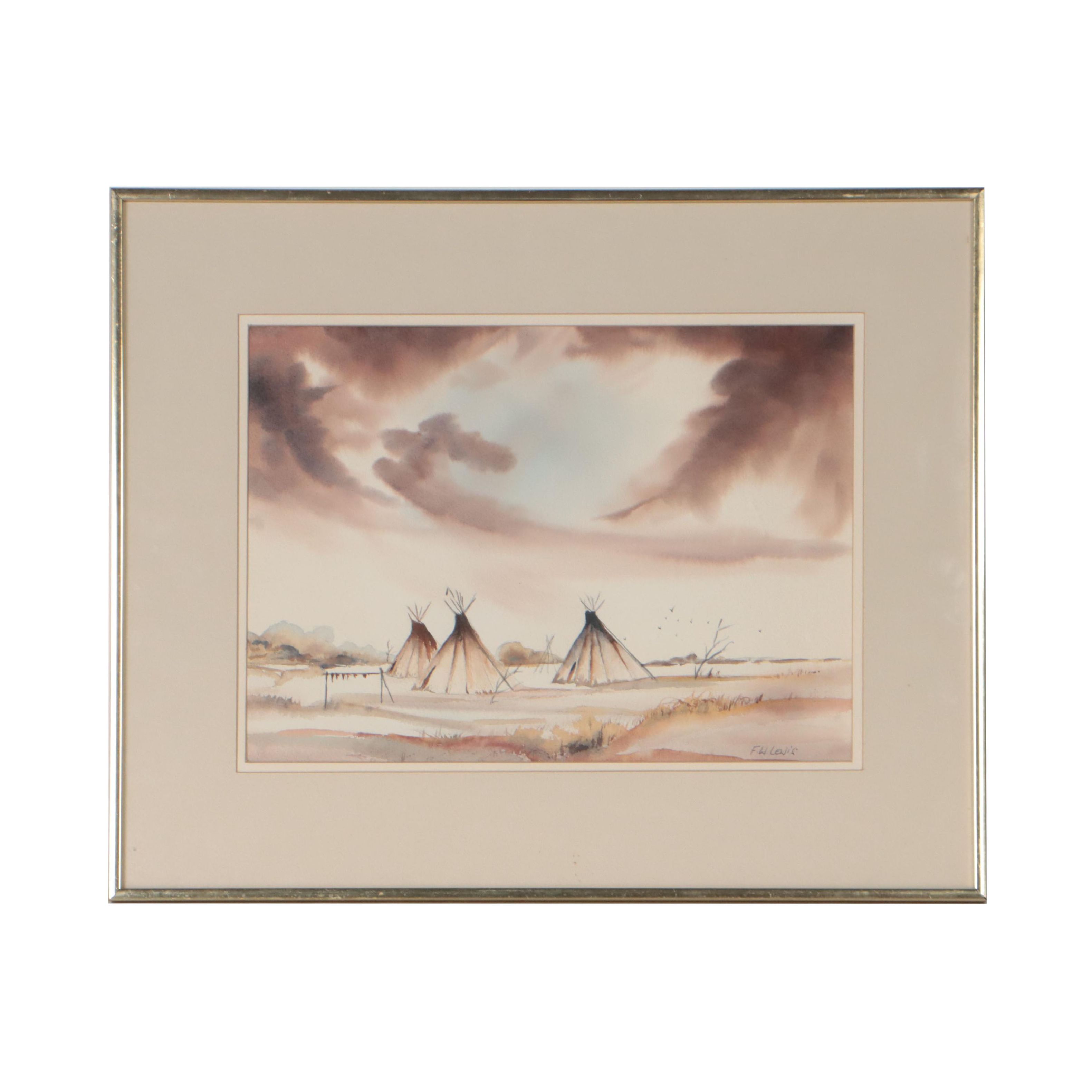 Fred W. Lewis Landscape Watercolor Painting of Native American Encampment