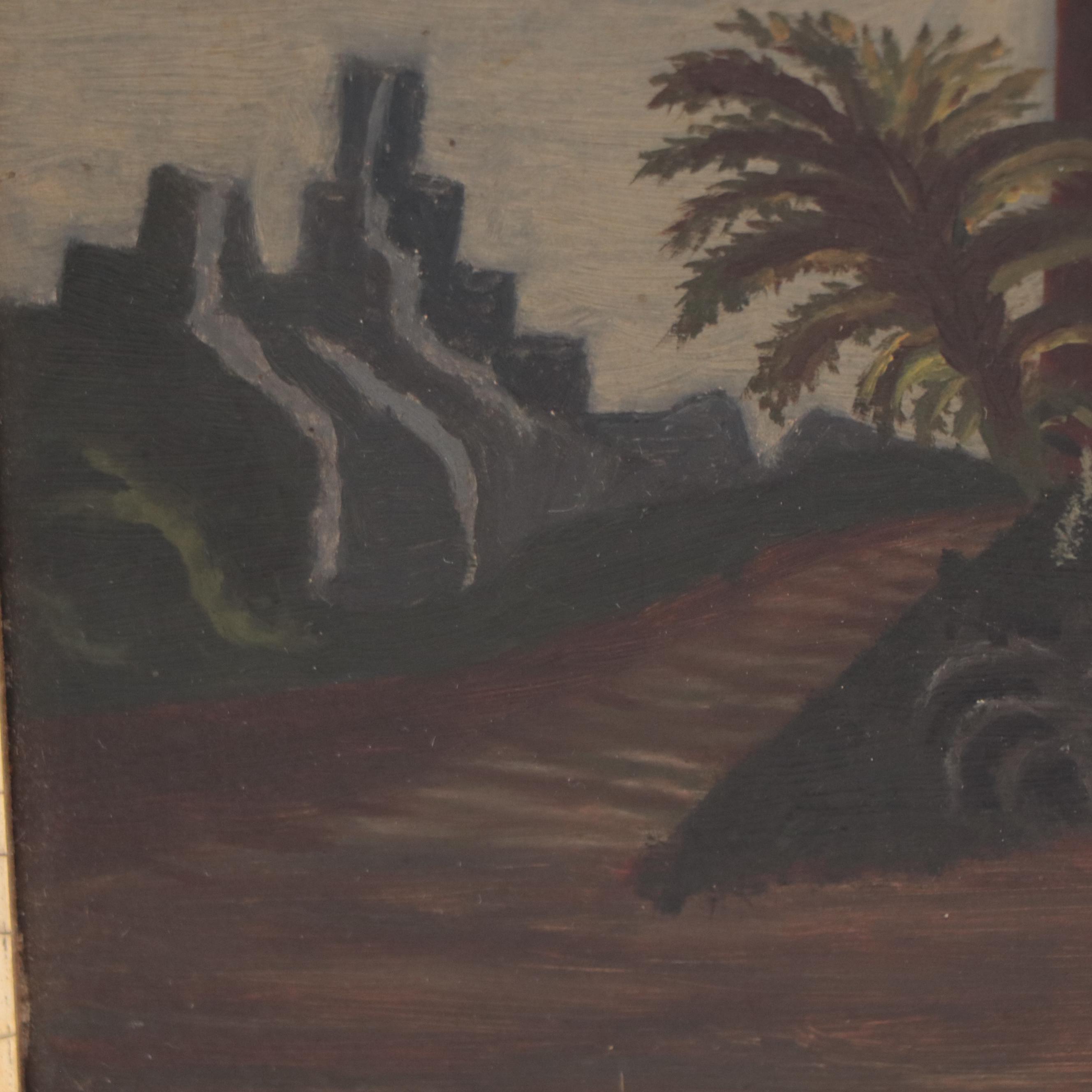 Naïve Oil Painting of Nocturne Landscape Ruins, Circa 1900