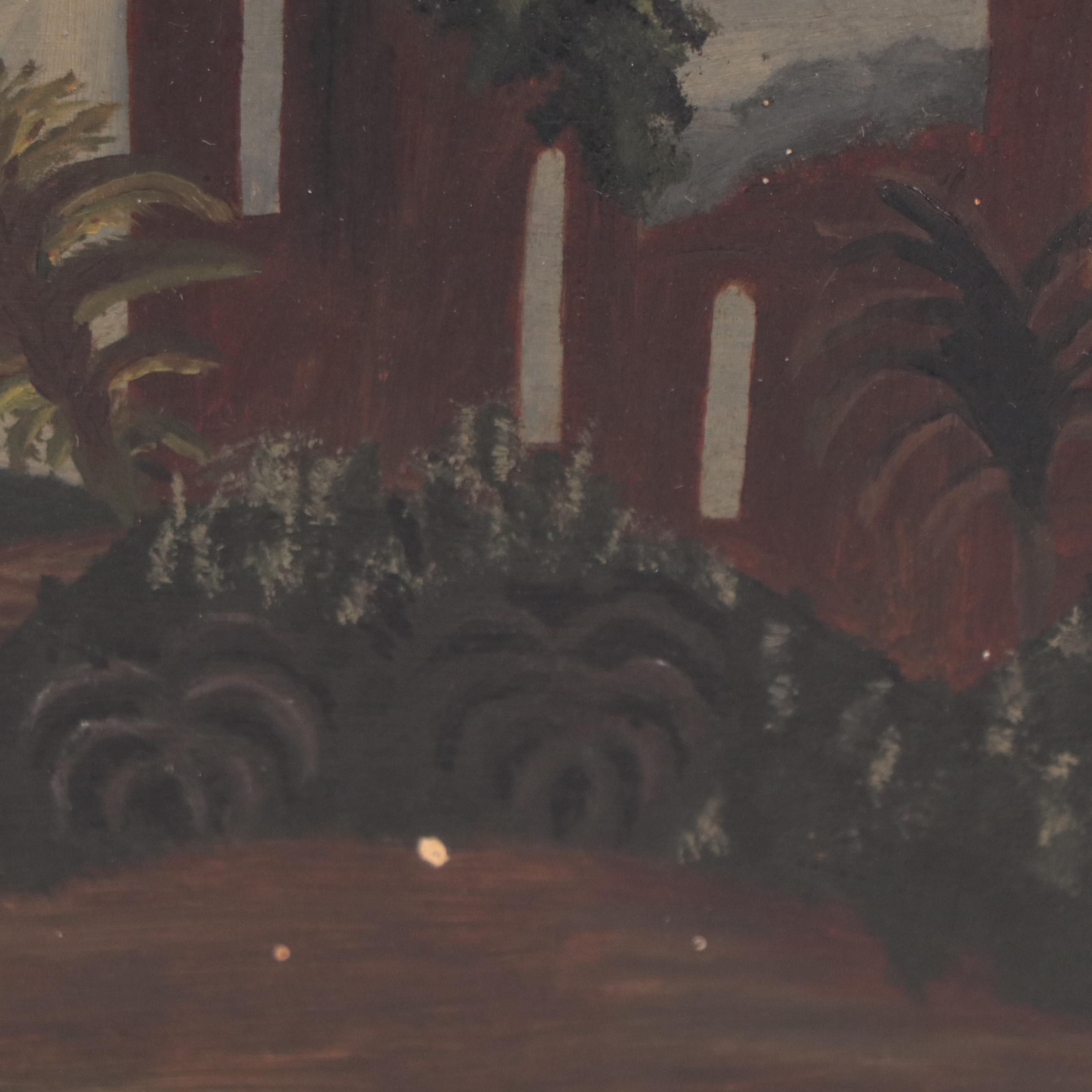 Naïve Oil Painting of Nocturne Landscape Ruins, Circa 1900