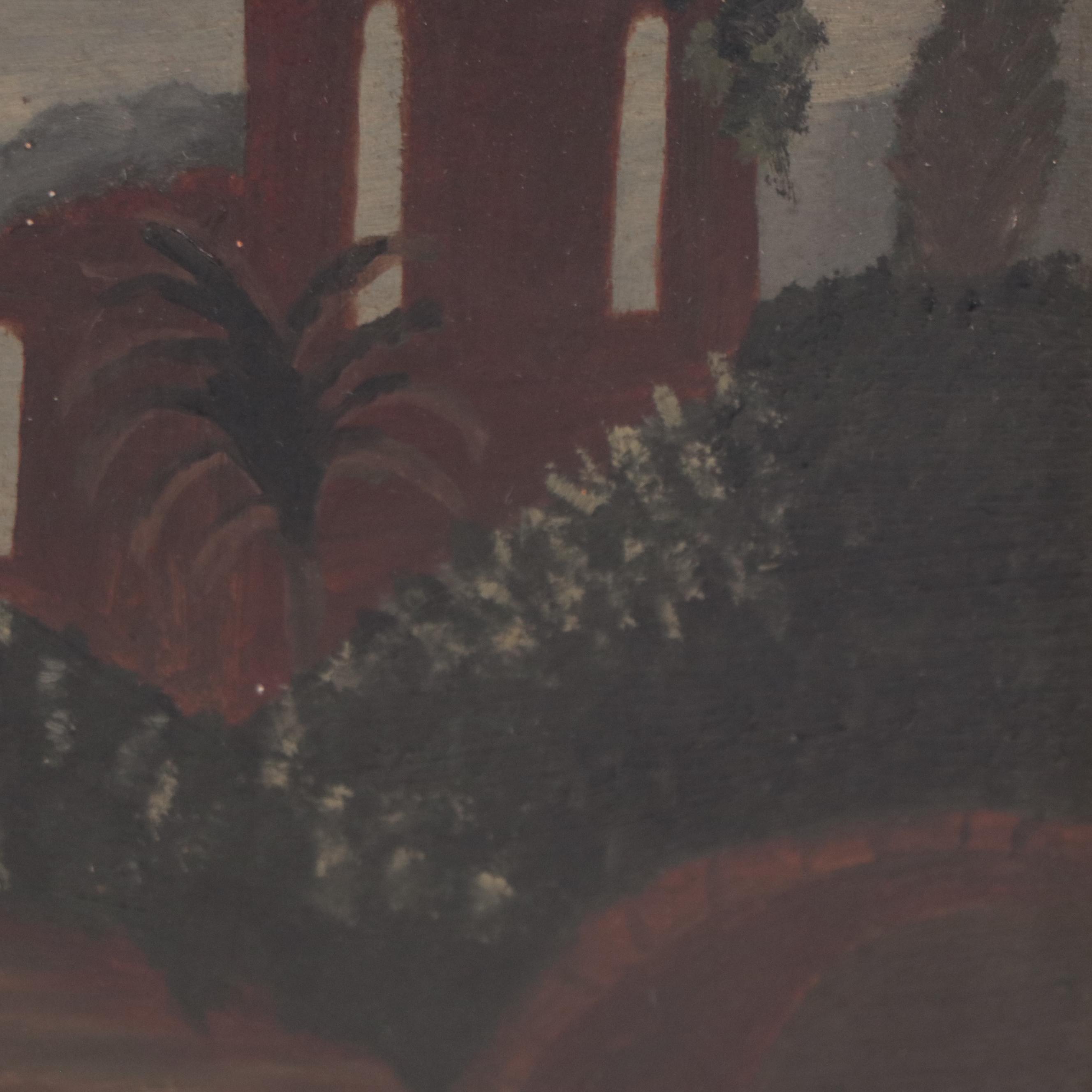 Naïve Oil Painting of Nocturne Landscape Ruins, Circa 1900