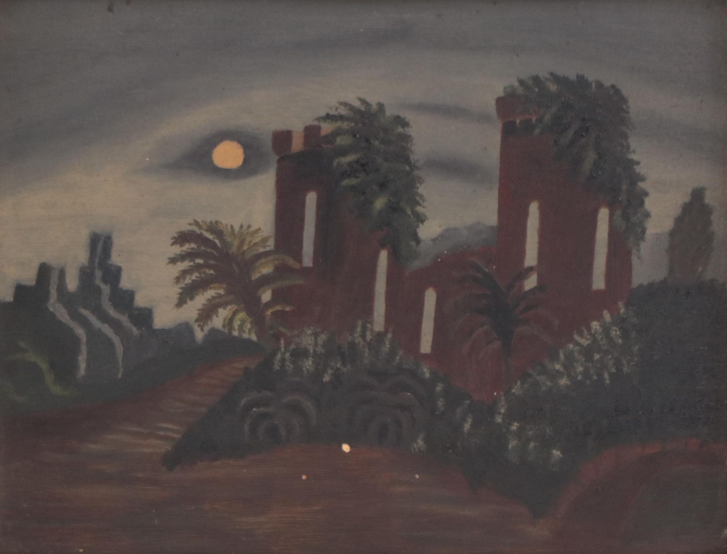 Naïve Oil Painting of Nocturne Landscape Ruins, Circa 1900