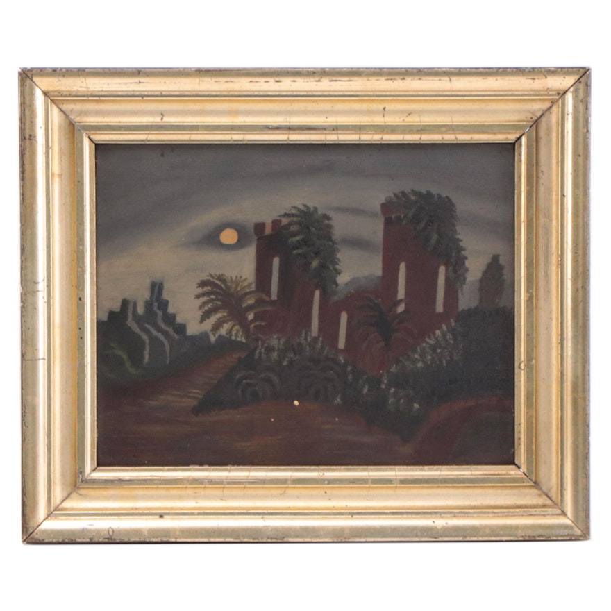 Naïve Oil Painting of Nocturne Landscape Ruins, Circa 1900