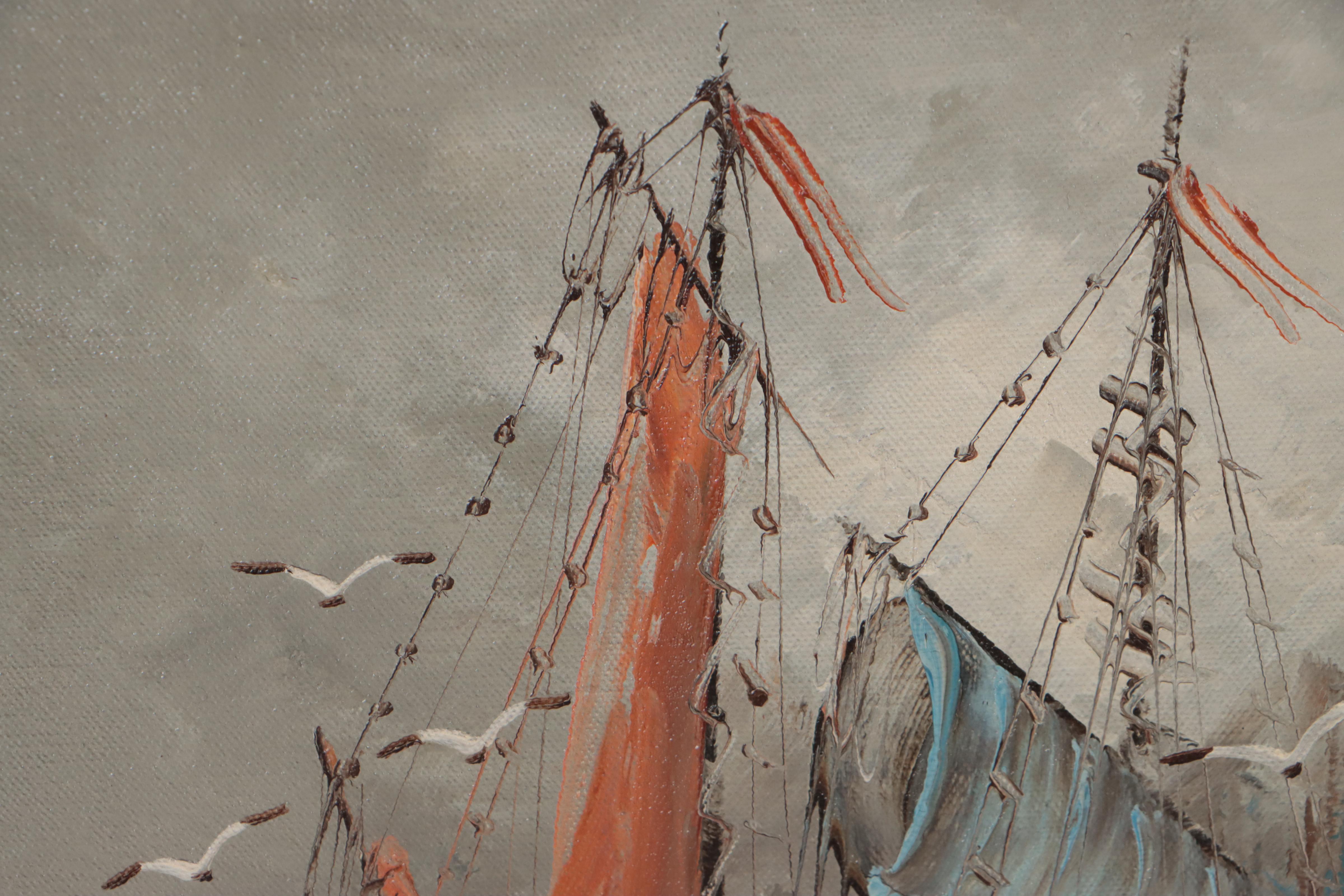 Harbor Scene Oil Painting, 1982