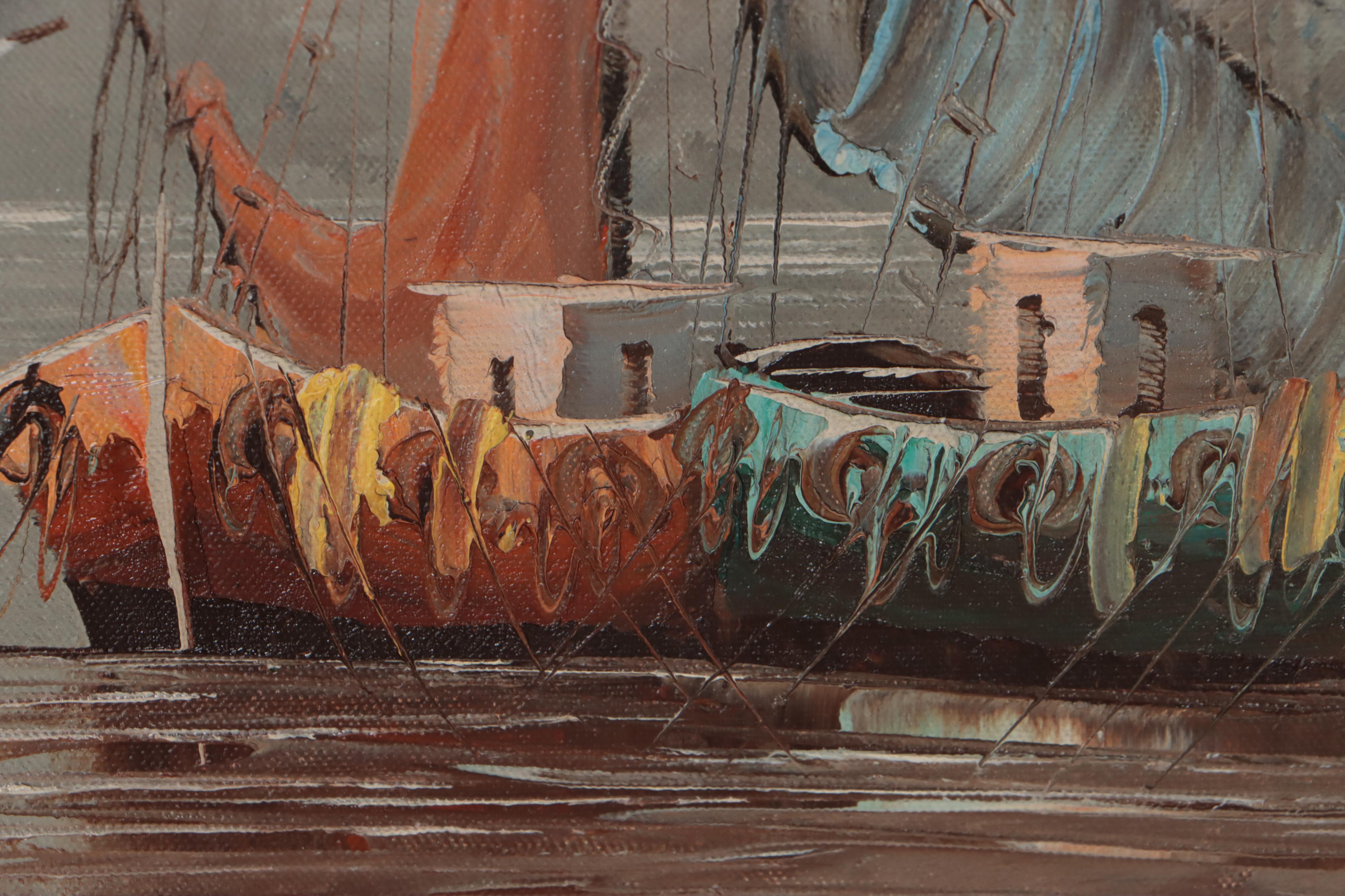 Harbor Scene Oil Painting, 1982
