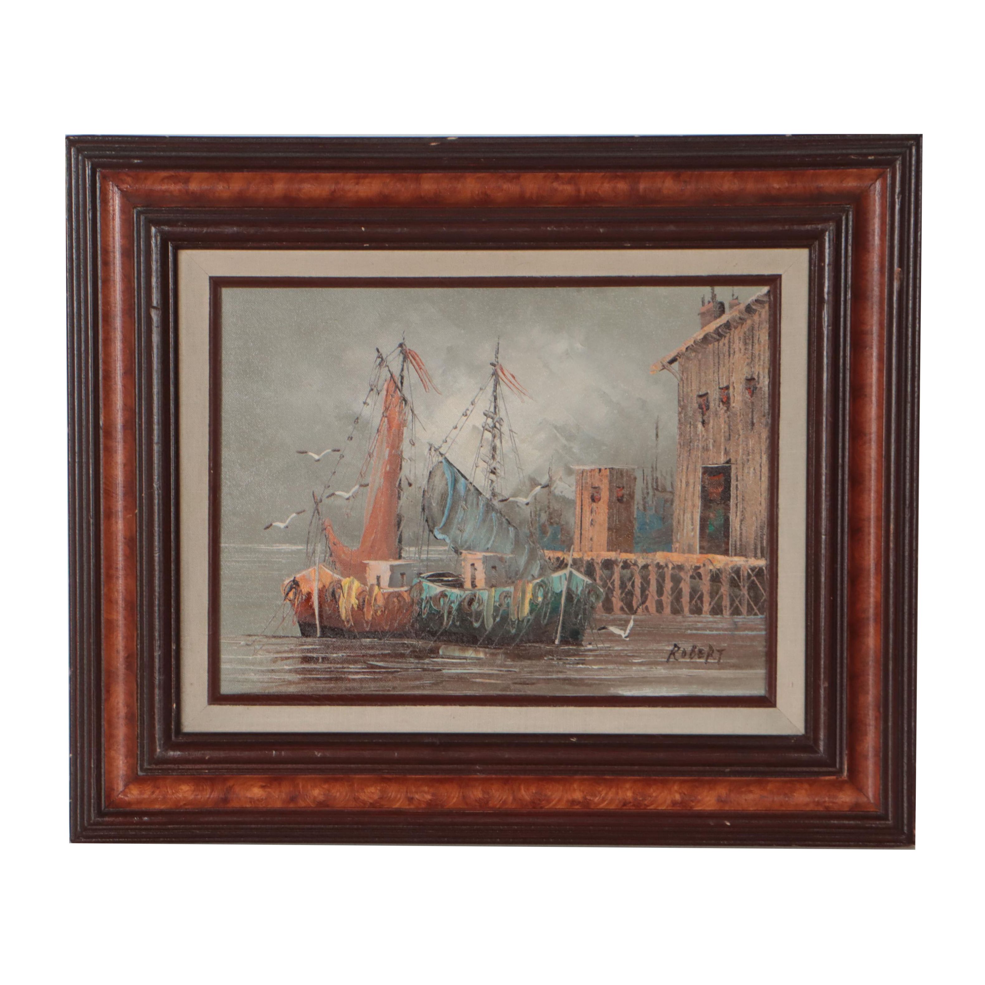 Harbor Scene Oil Painting, 1982