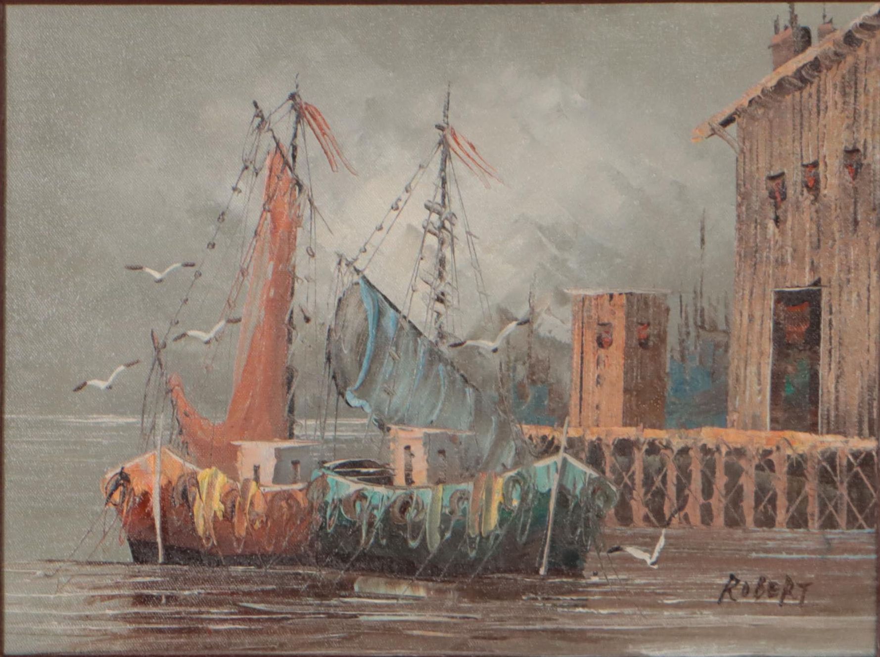 Harbor Scene Oil Painting, 1982