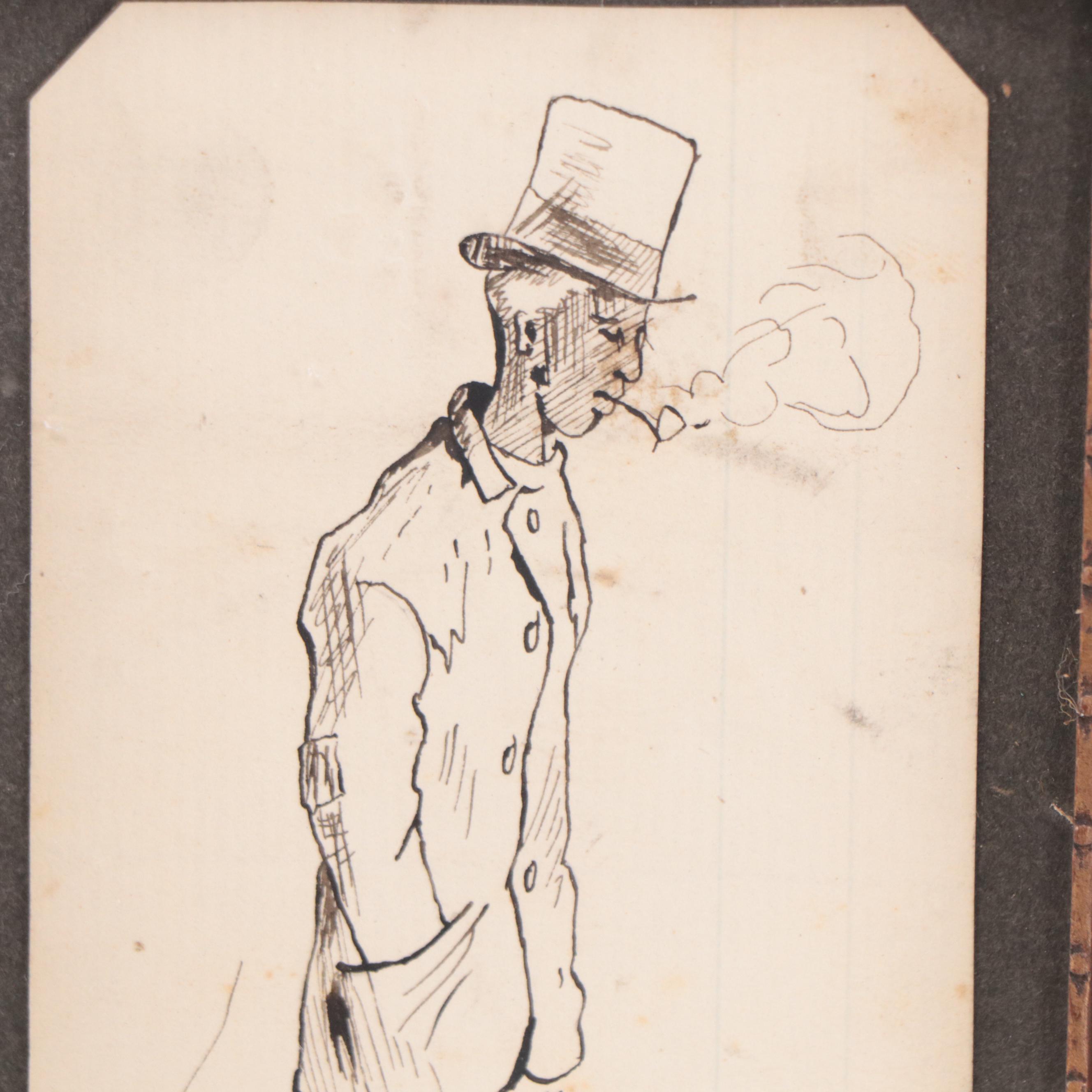 Pen and Ink Drawing of Man in Top Hat