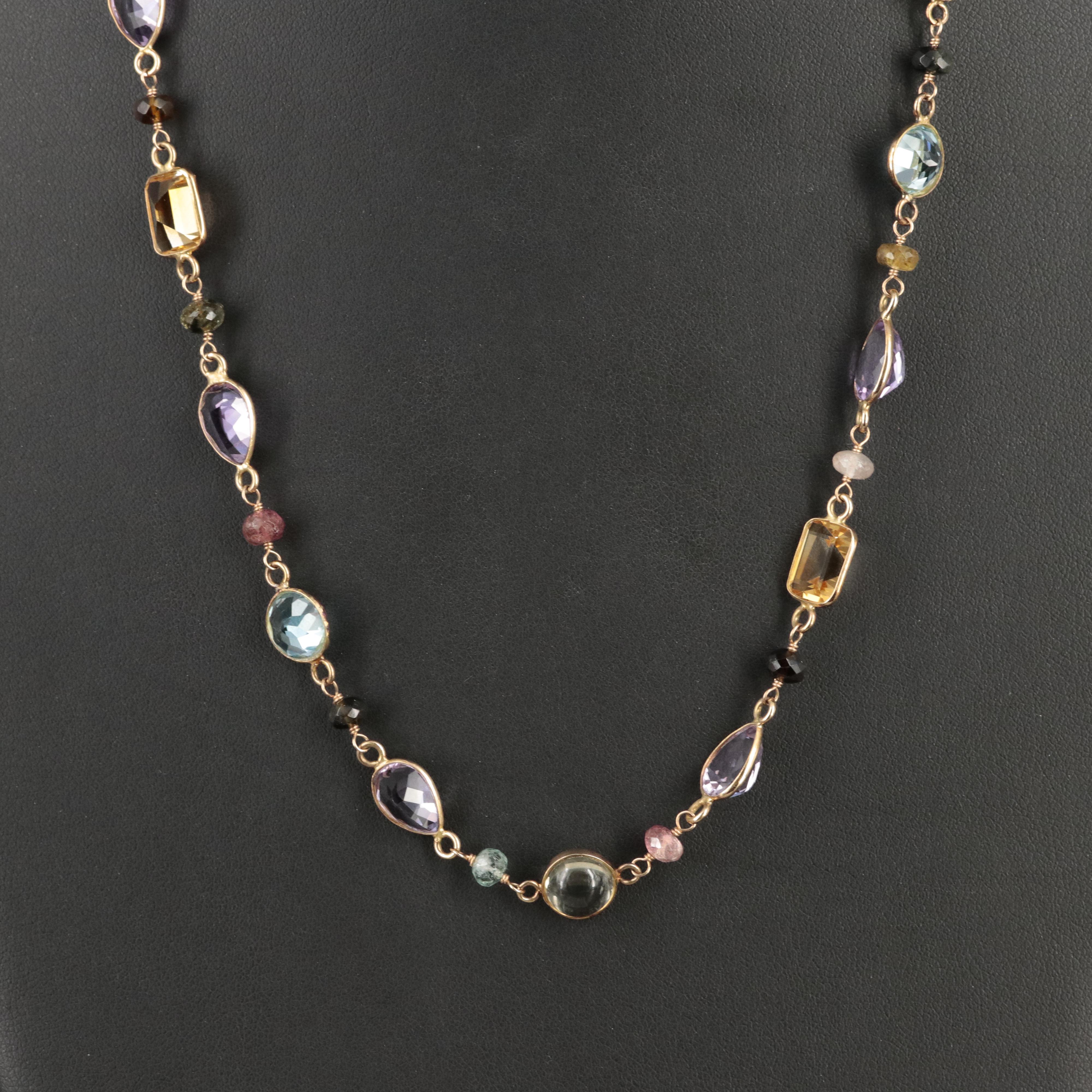 14K Citrine, Amethyst, Topaz, Tourmaline and Smoky Quartz Station Necklace