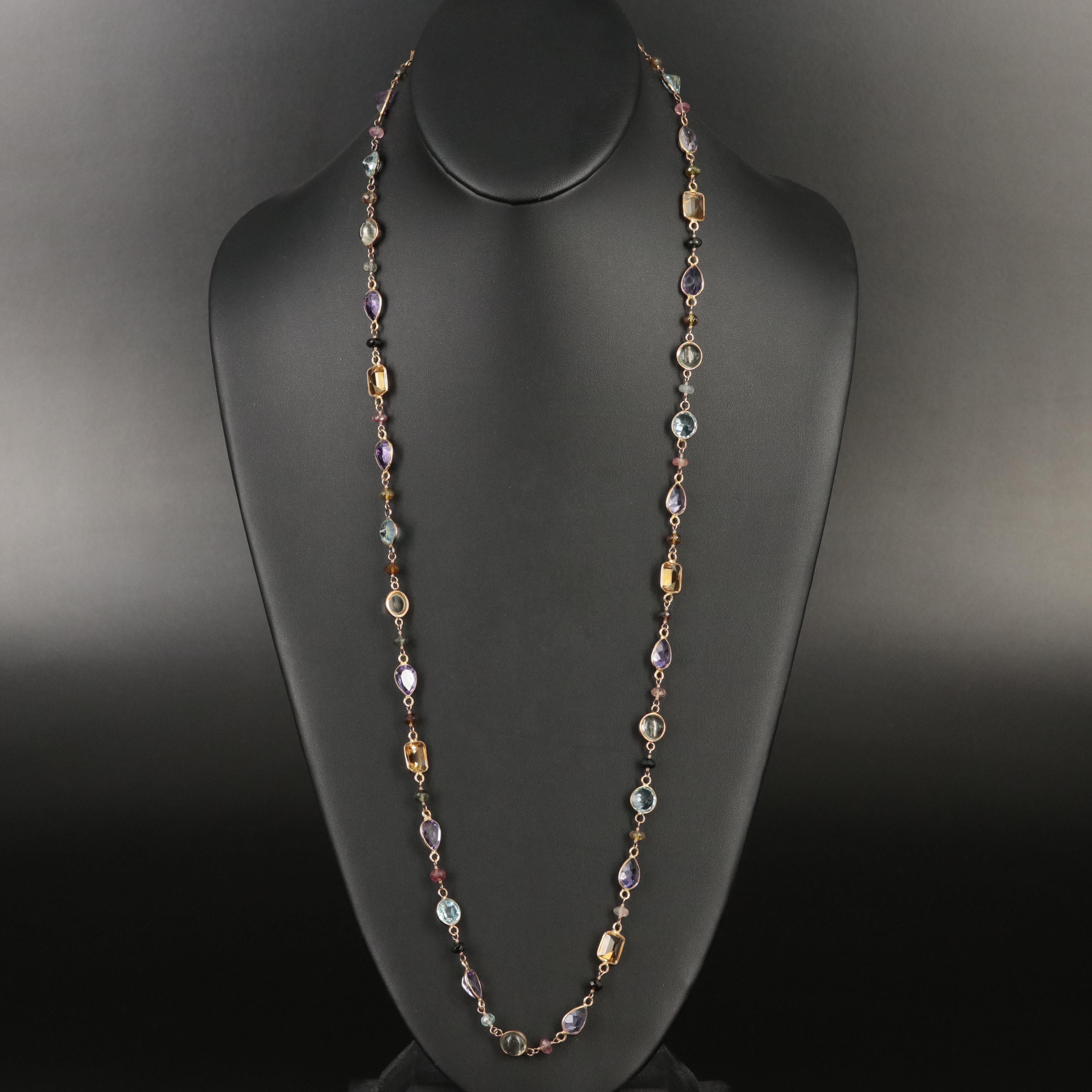 14K Citrine, Amethyst, Topaz, Tourmaline and Smoky Quartz Station Necklace