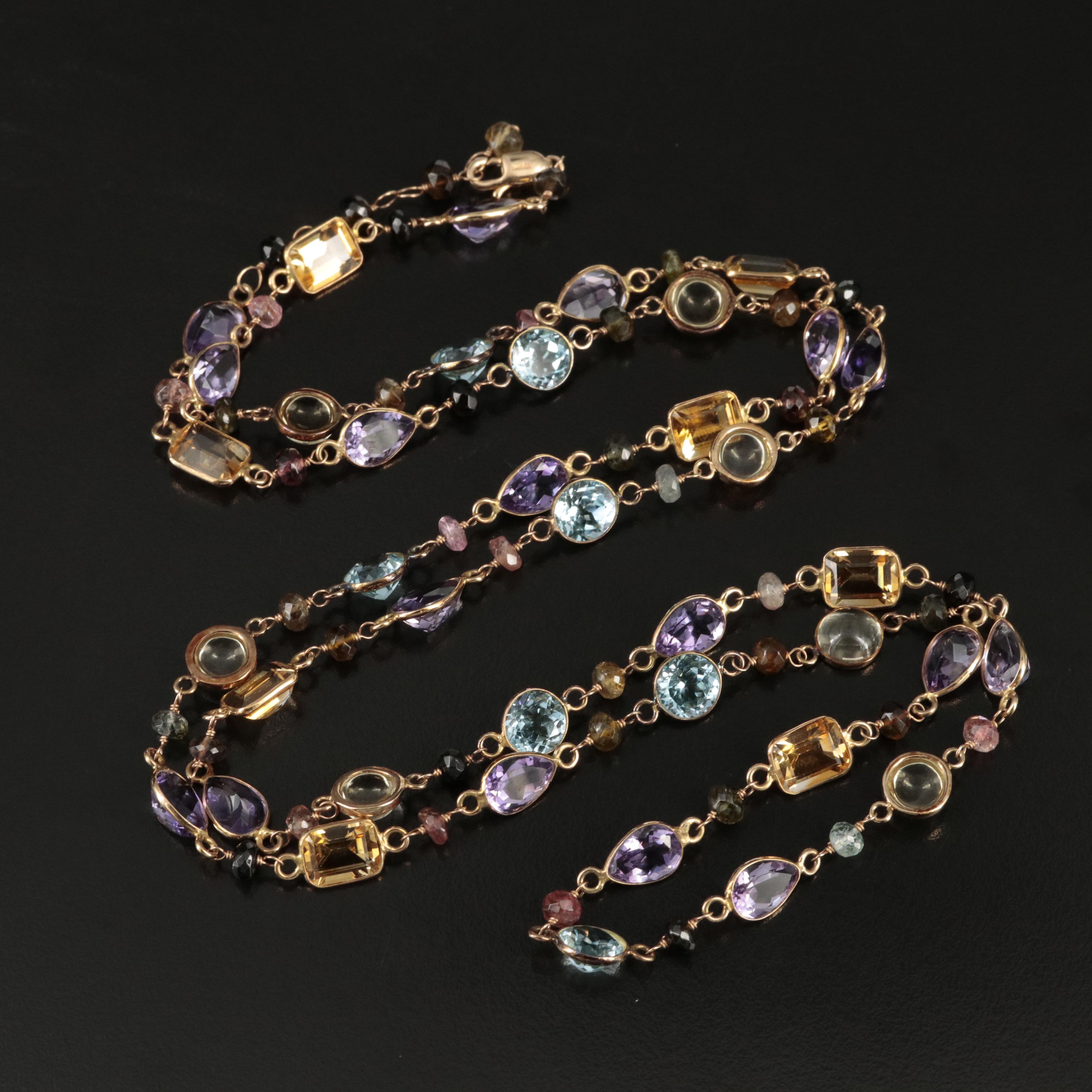 14K Citrine, Amethyst, Topaz, Tourmaline and Smoky Quartz Station Necklace