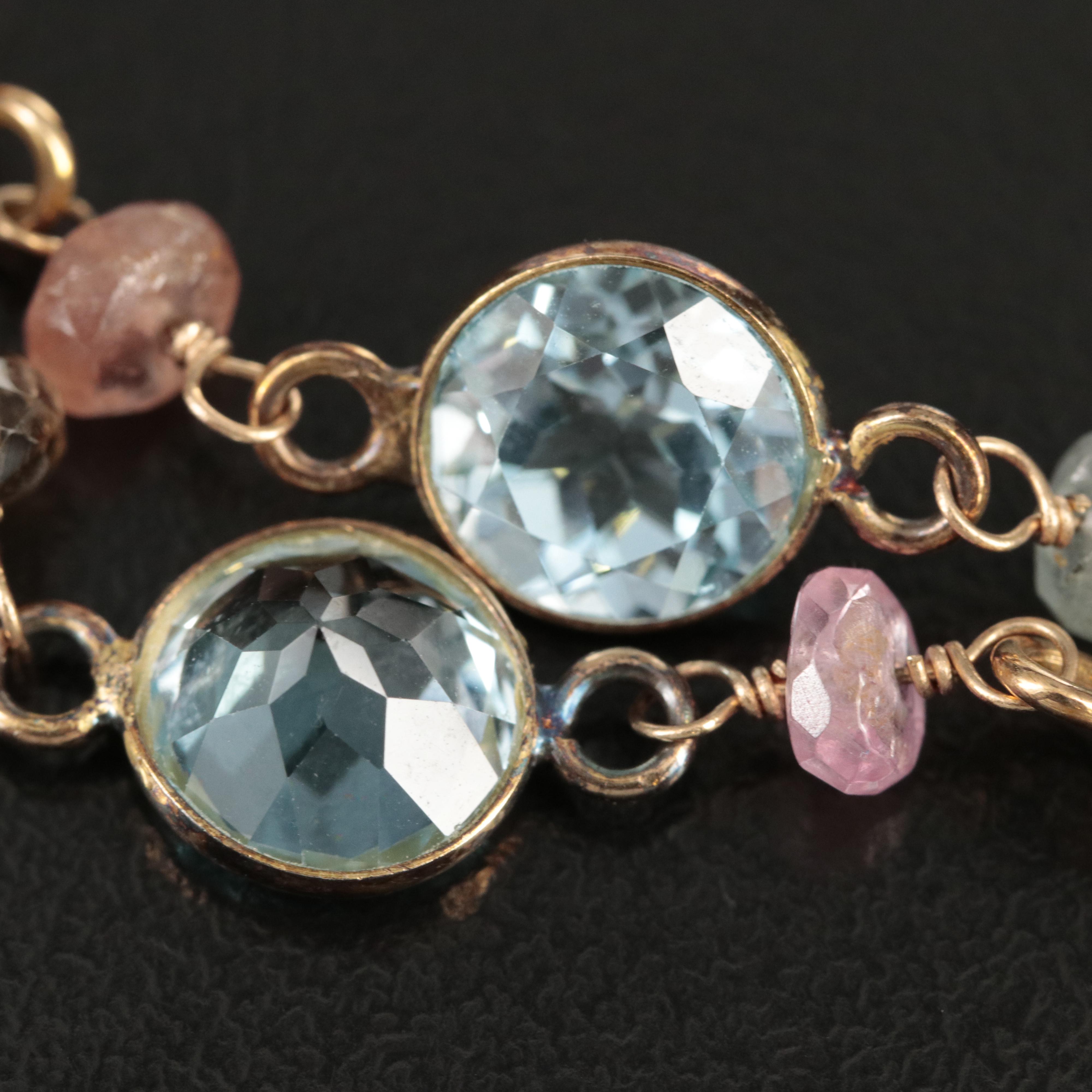 14K Citrine, Amethyst, Topaz, Tourmaline and Smoky Quartz Station Necklace