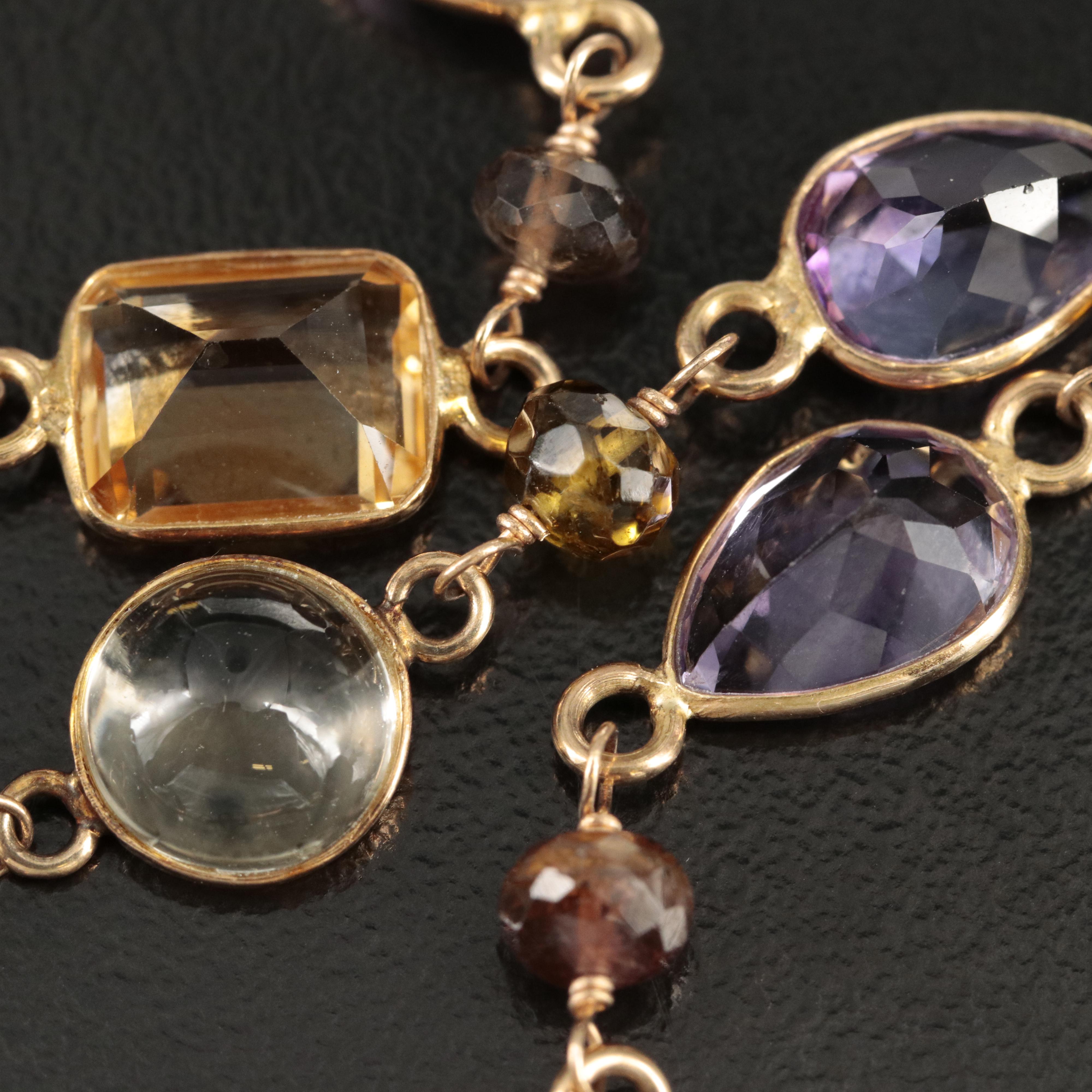14K Citrine, Amethyst, Topaz, Tourmaline and Smoky Quartz Station Necklace
