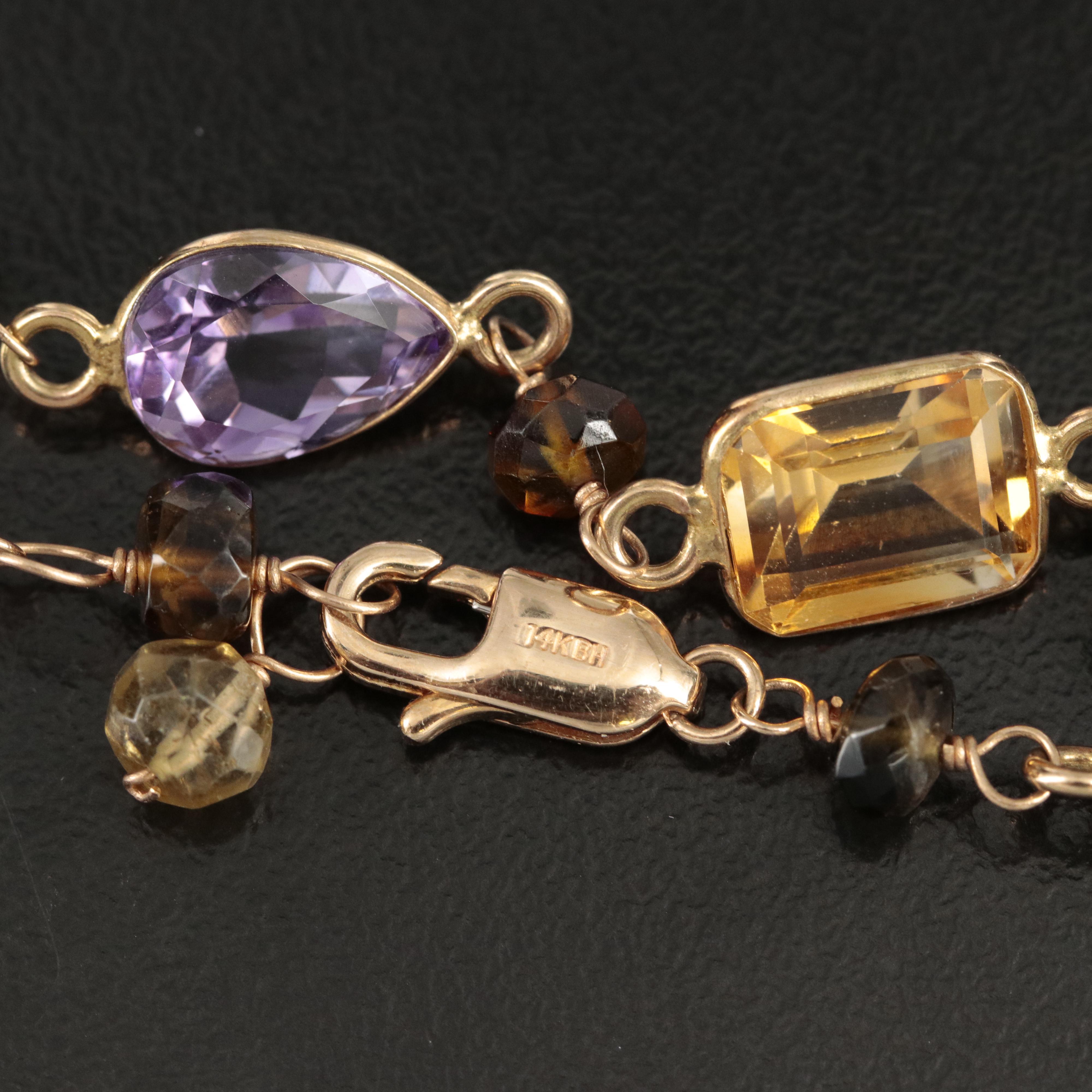 14K Citrine, Amethyst, Topaz, Tourmaline and Smoky Quartz Station Necklace