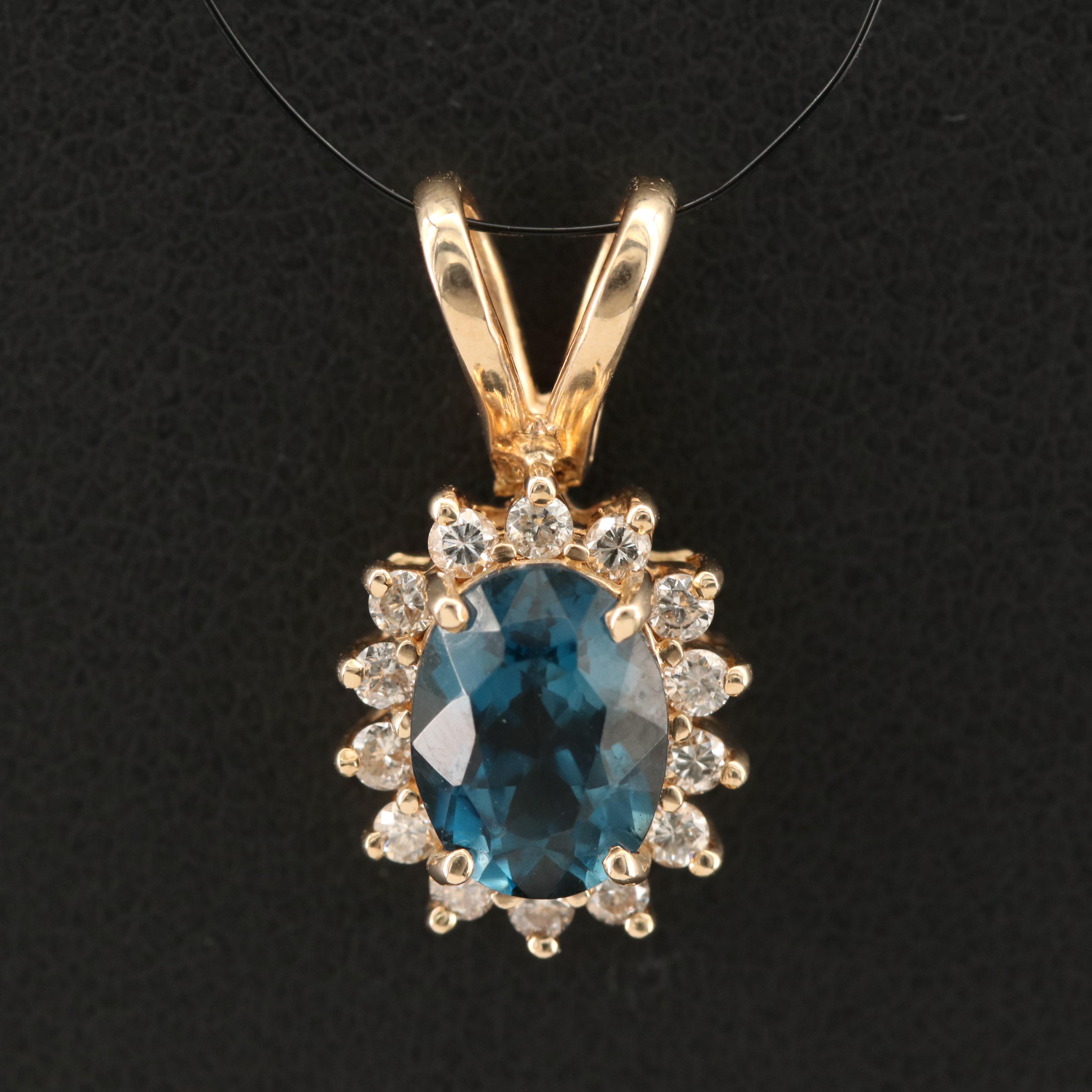 14K London Blue Topaz and Diamond Pendant