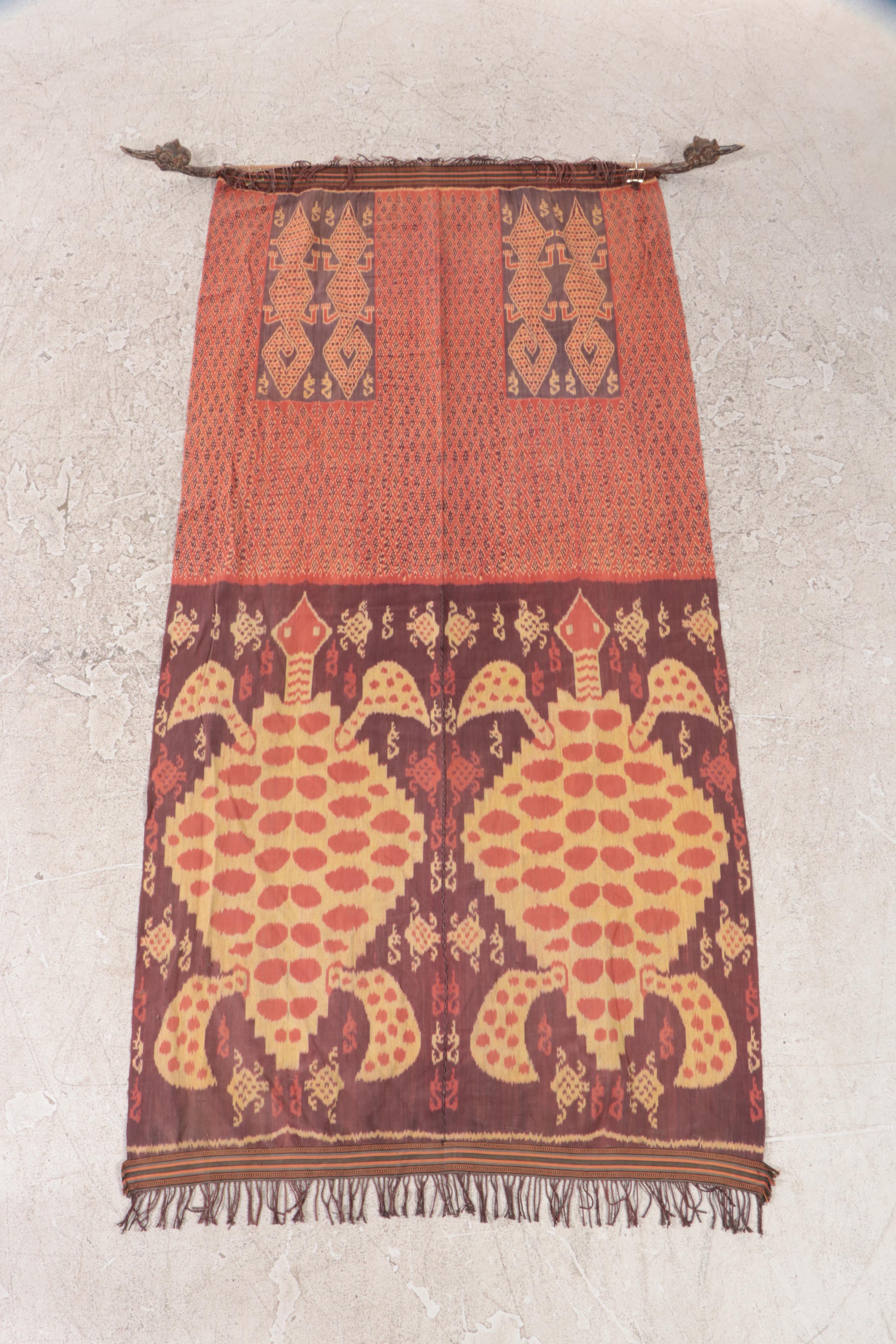 Indonesian Sumba Handwoven Ikat Turtle Hanging Panel With Carved Hanger
