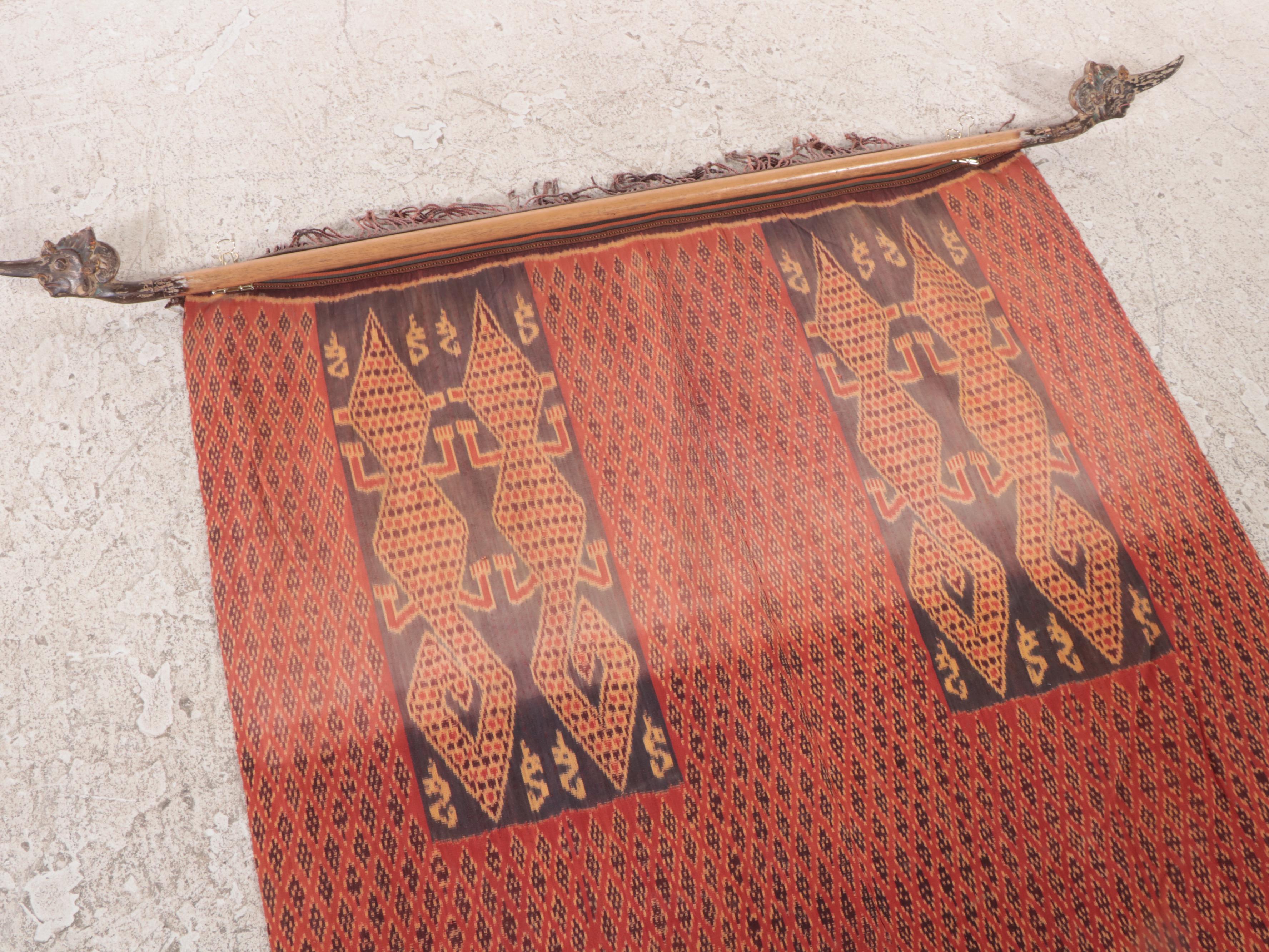 Indonesian Sumba Handwoven Ikat Turtle Hanging Panel With Carved Hanger