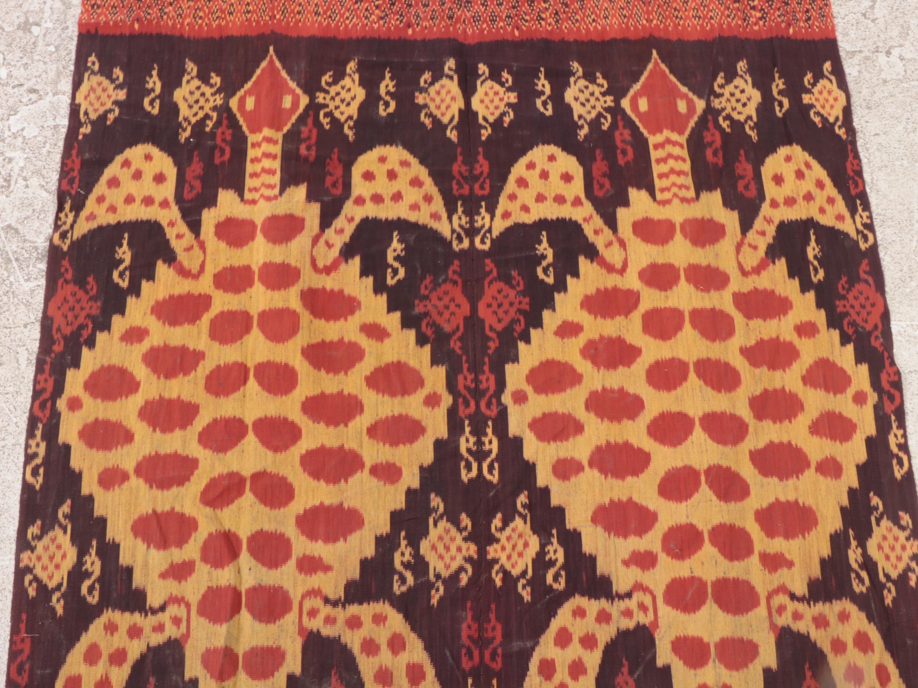 Indonesian Sumba Handwoven Ikat Turtle Hanging Panel With Carved Hanger