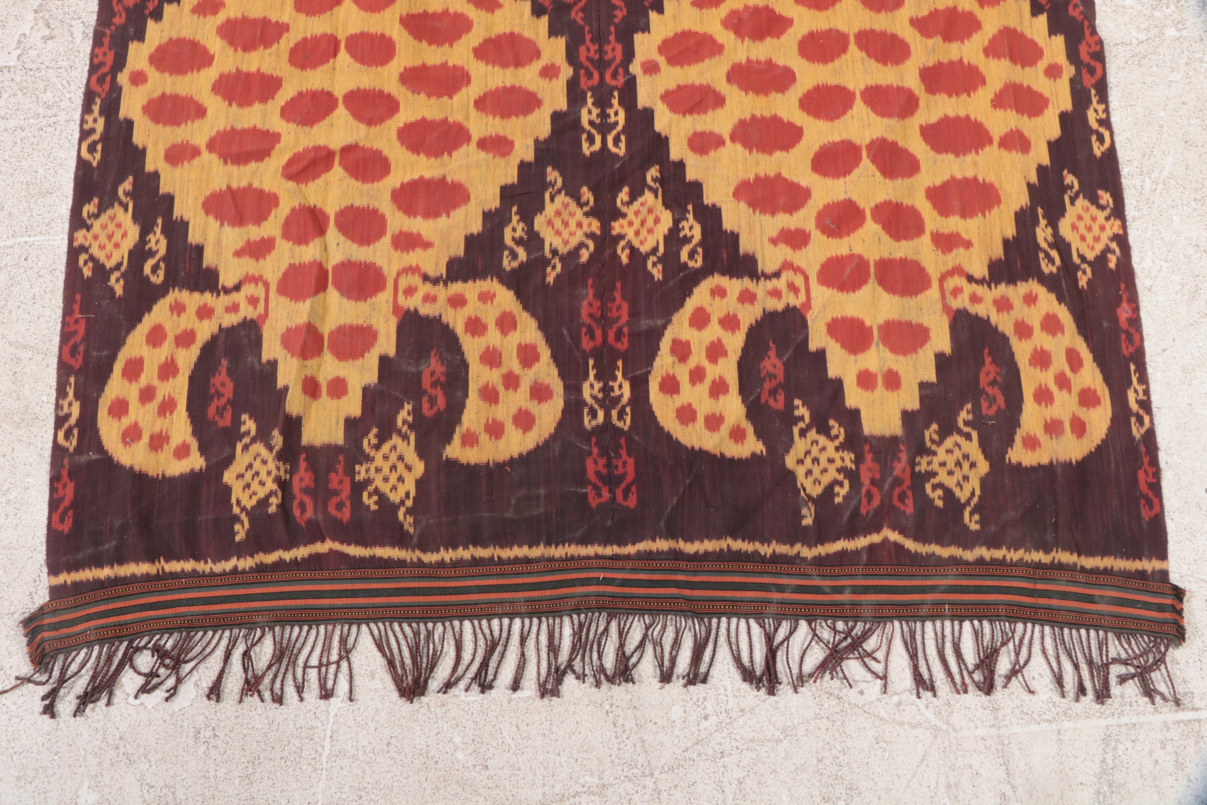 Indonesian Sumba Handwoven Ikat Turtle Hanging Panel With Carved Hanger