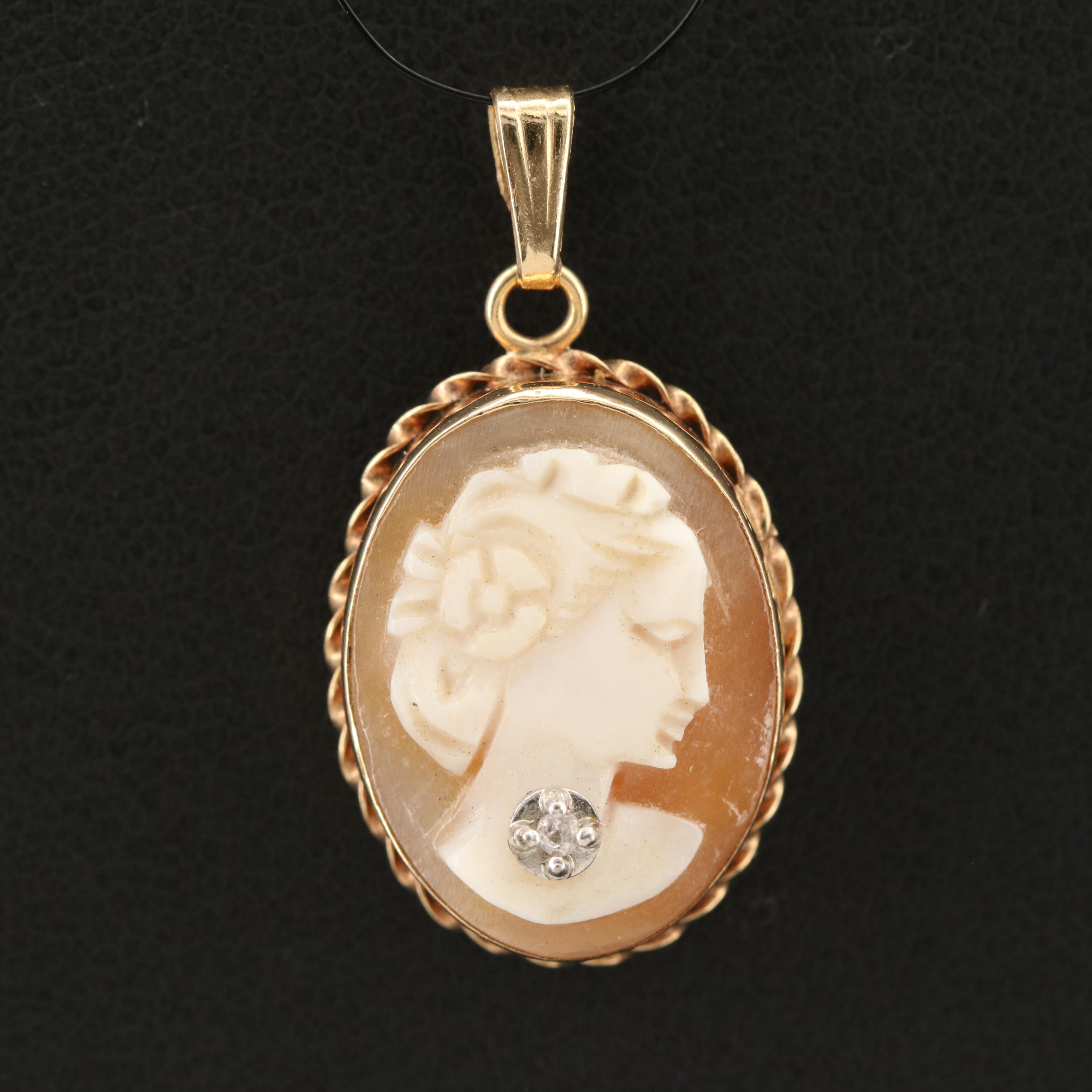 14K Shell and Diamond Cameo Habillé Pendant