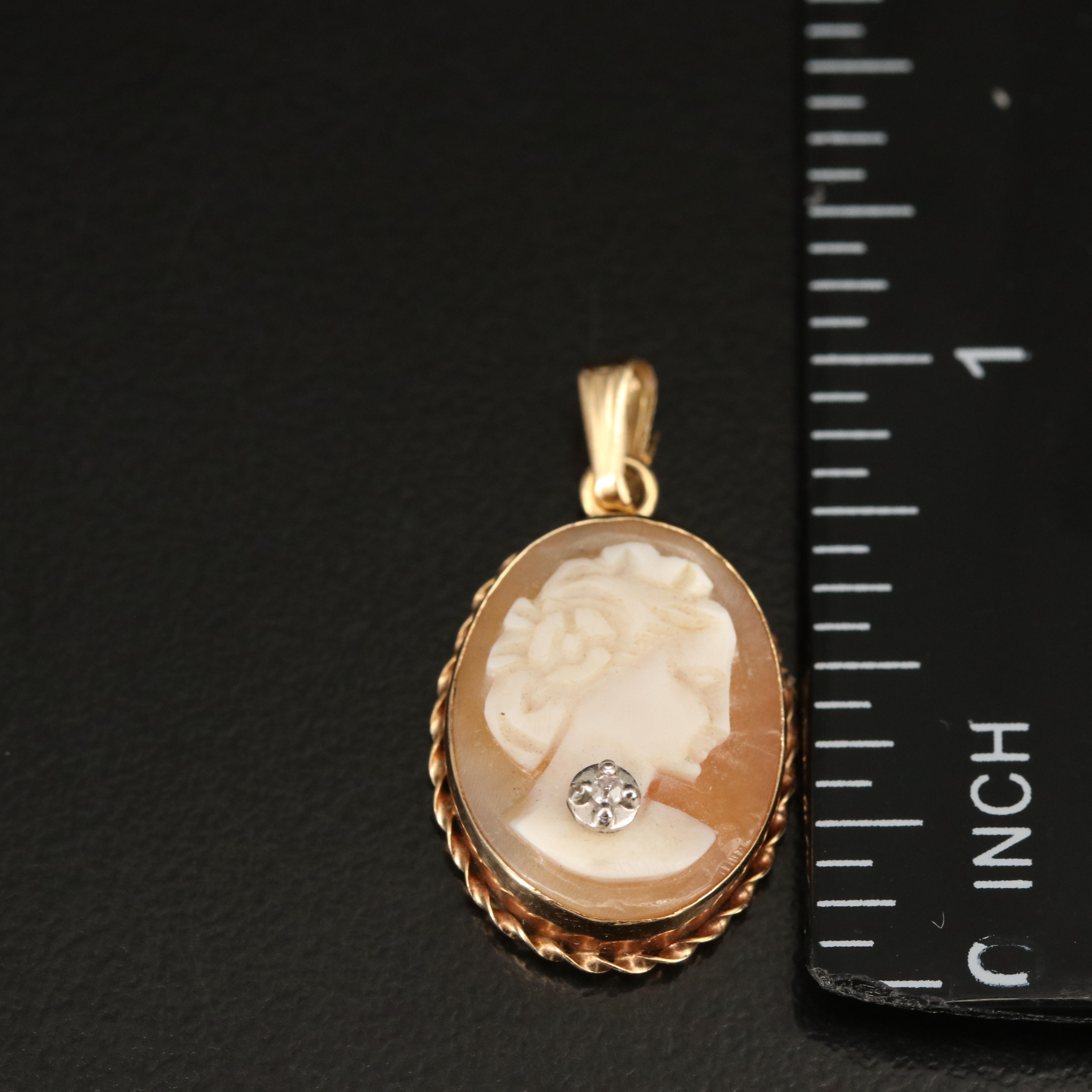 14K Shell and Diamond Cameo Habillé Pendant
