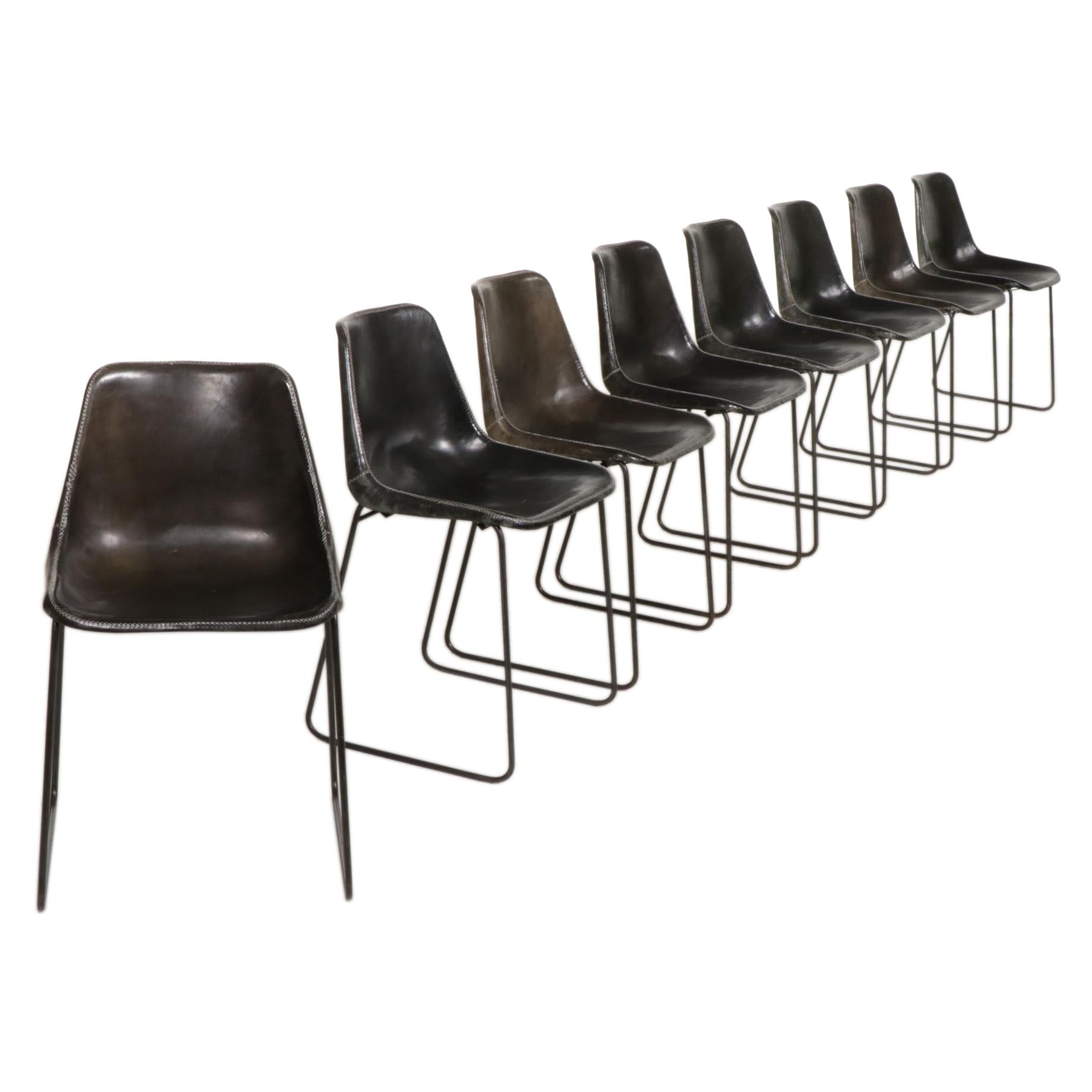Eight Sol & Luna "Girón" Iron and Leather Upholstered Dining Chairs