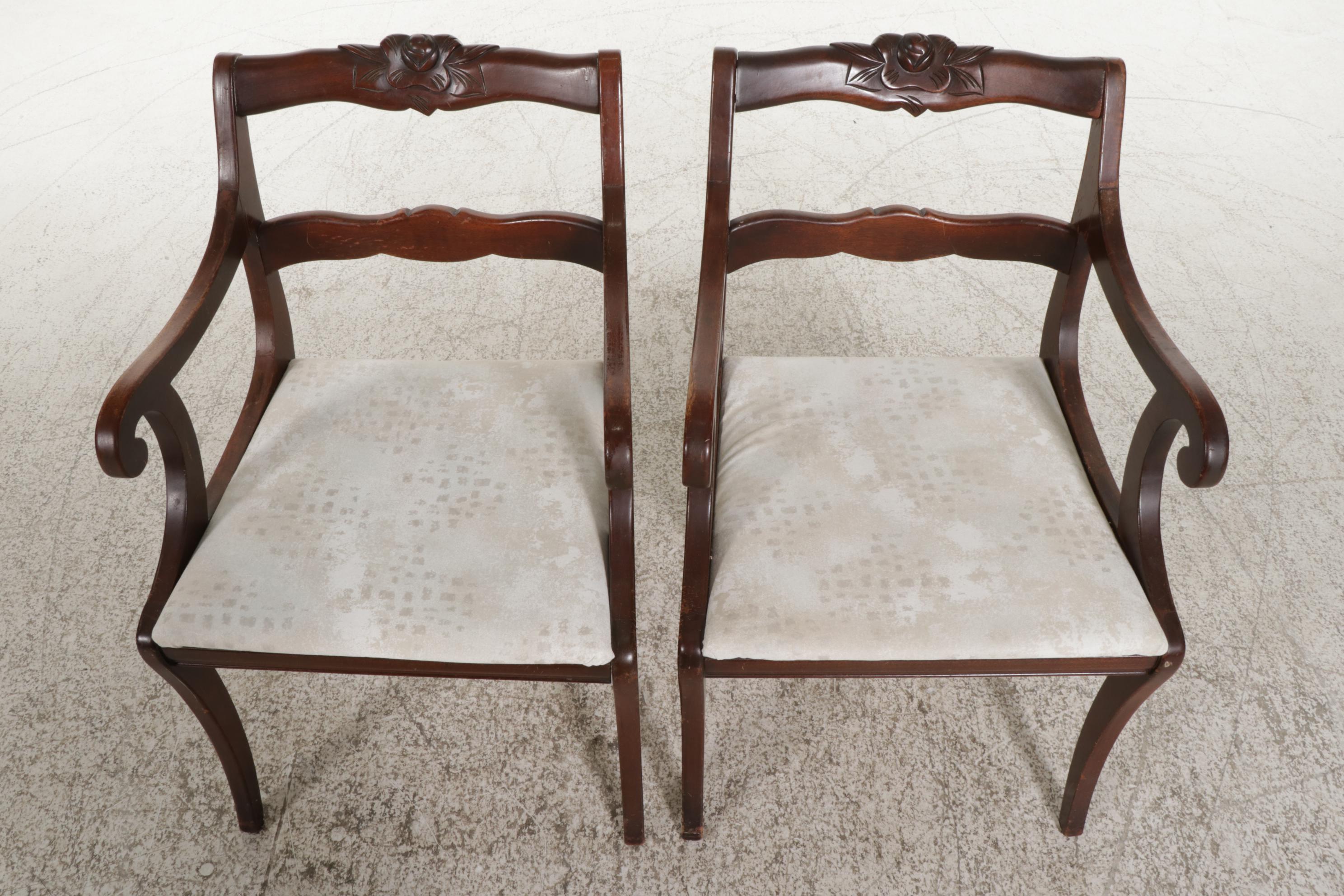 Pair of Classical Style Rose-Carved Dining Armchairs, 1940s