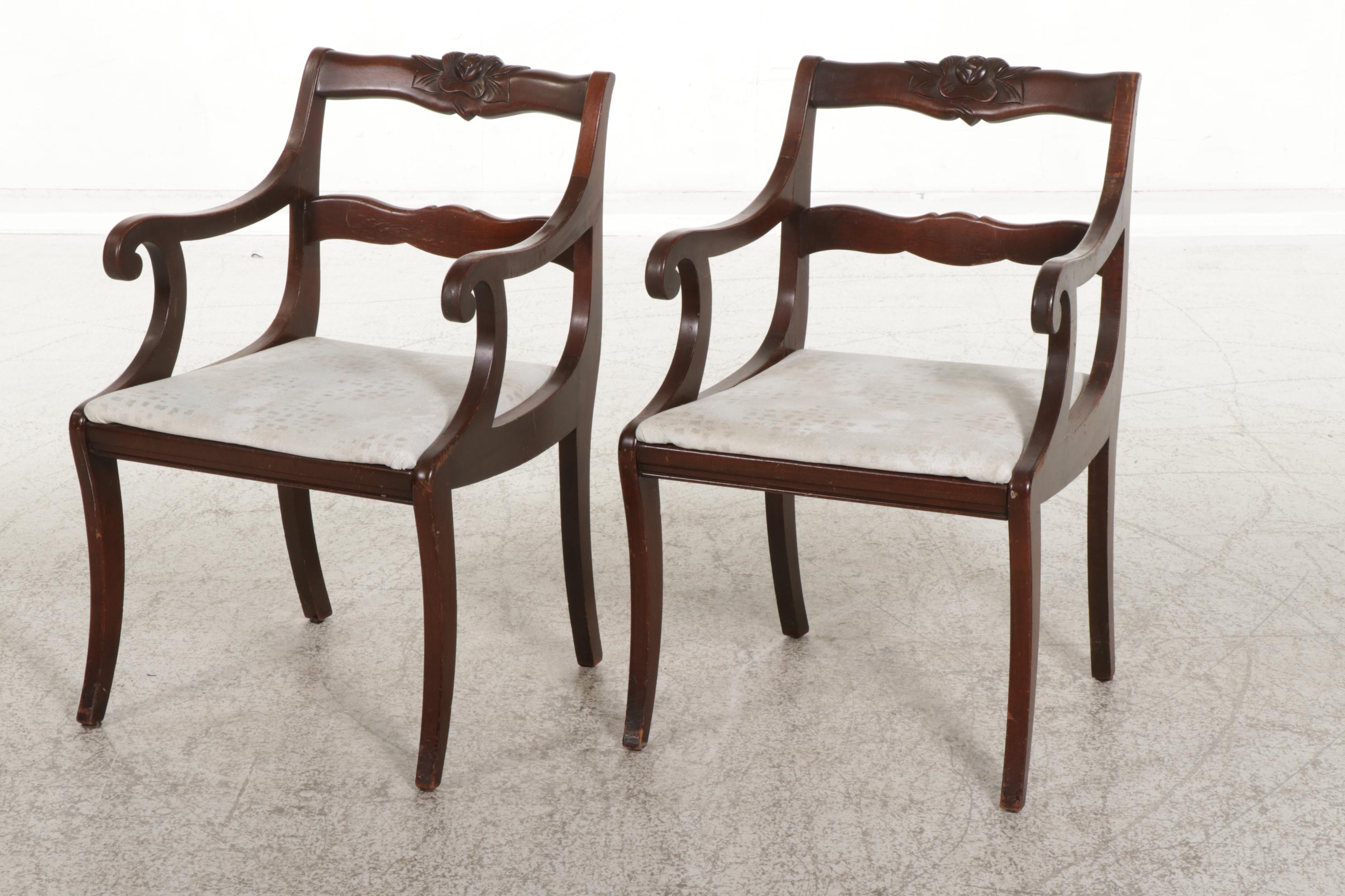 Pair of Classical Style Rose-Carved Dining Armchairs, 1940s