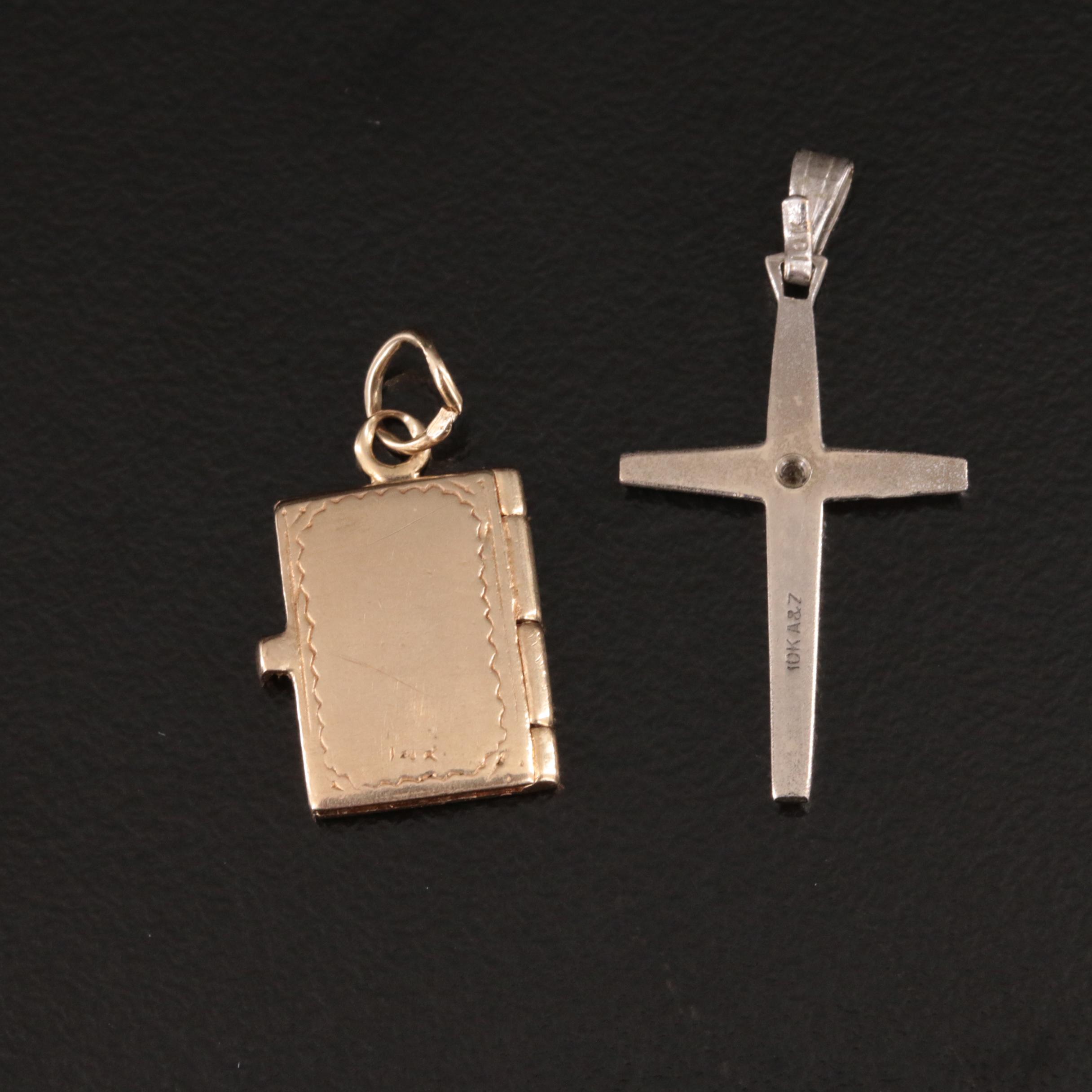 Vintage 10K and Diamond Cross and 14K Bible Pendant