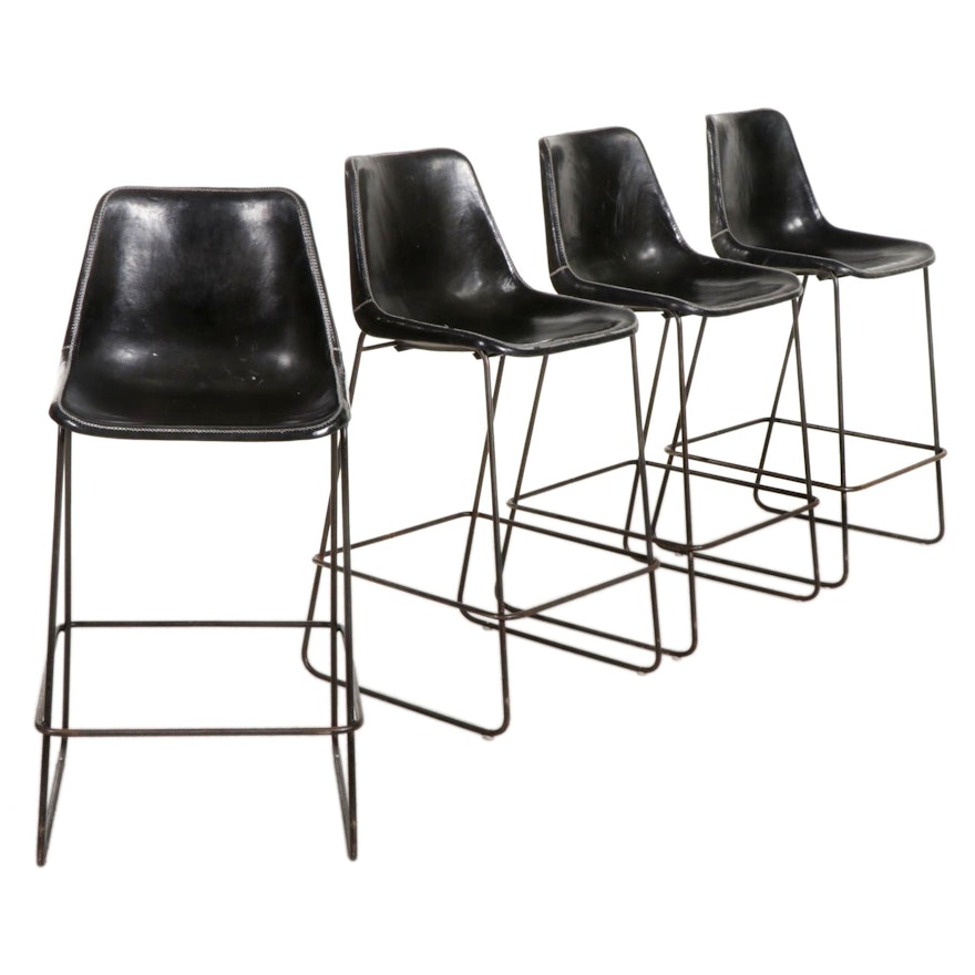 Four Sol & Luna "Girón" Iron and Leather Upholstered Barstools