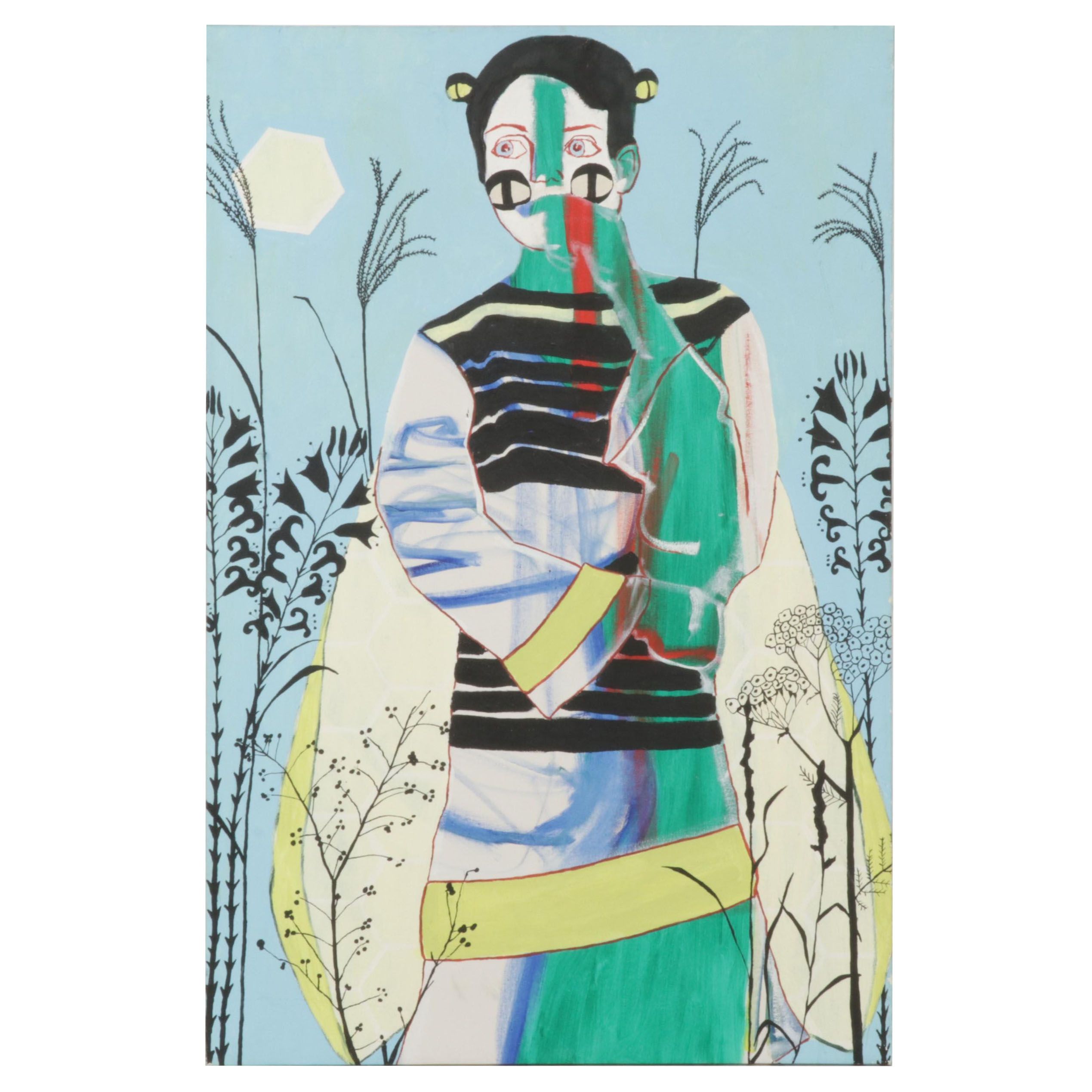 Folk Art Acrylic Painting "Meadows Moth," 21st Century