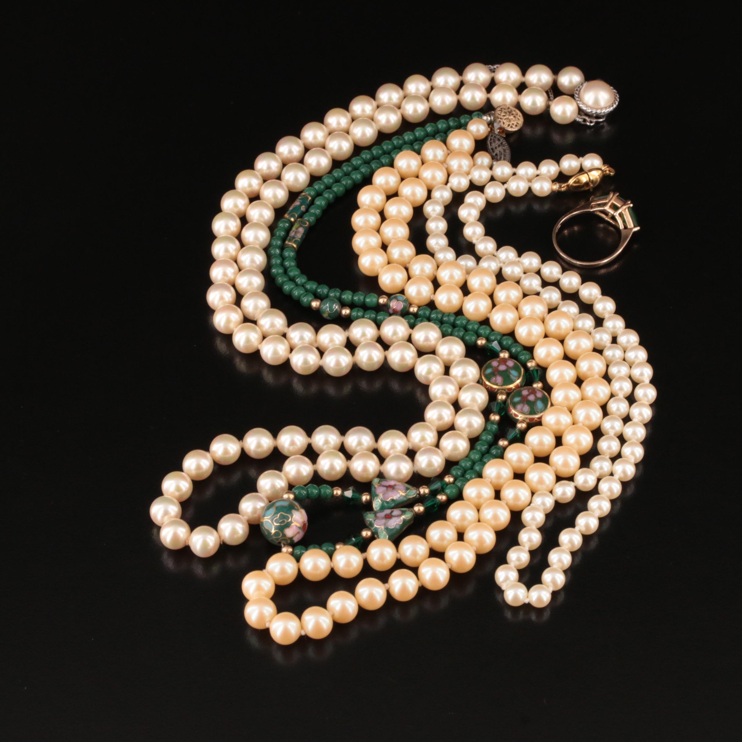 Sterling, Faux Pearl and Enamel Featured in Necklaces and Ring Selection