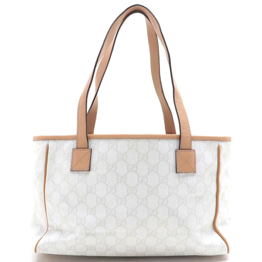 Gucci Small Tote in White GG Supreme Canvas and Light Brown Leather