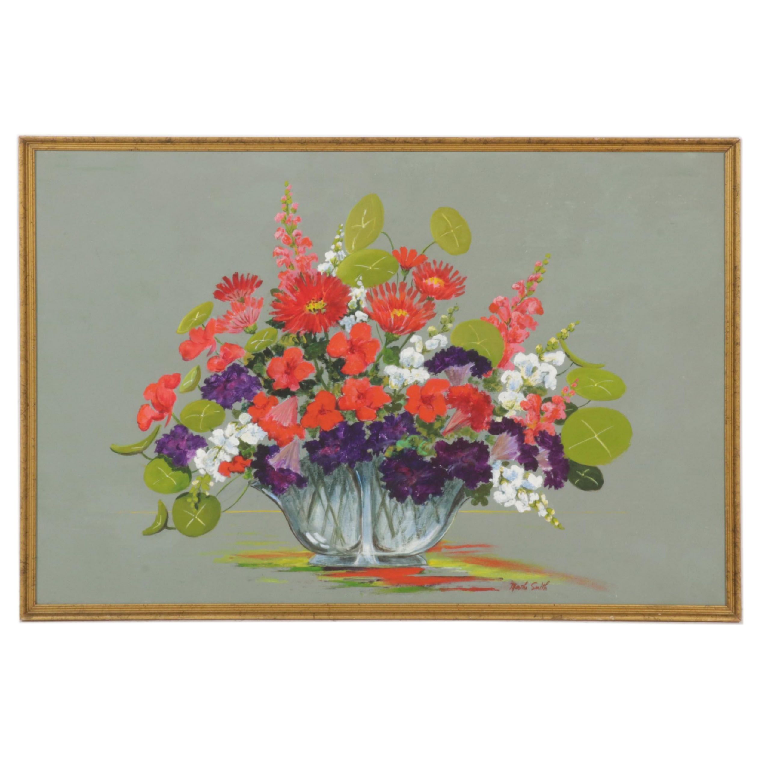 Martha E. Smith Floral Still Life Acrylic Painting, Late 20th Century