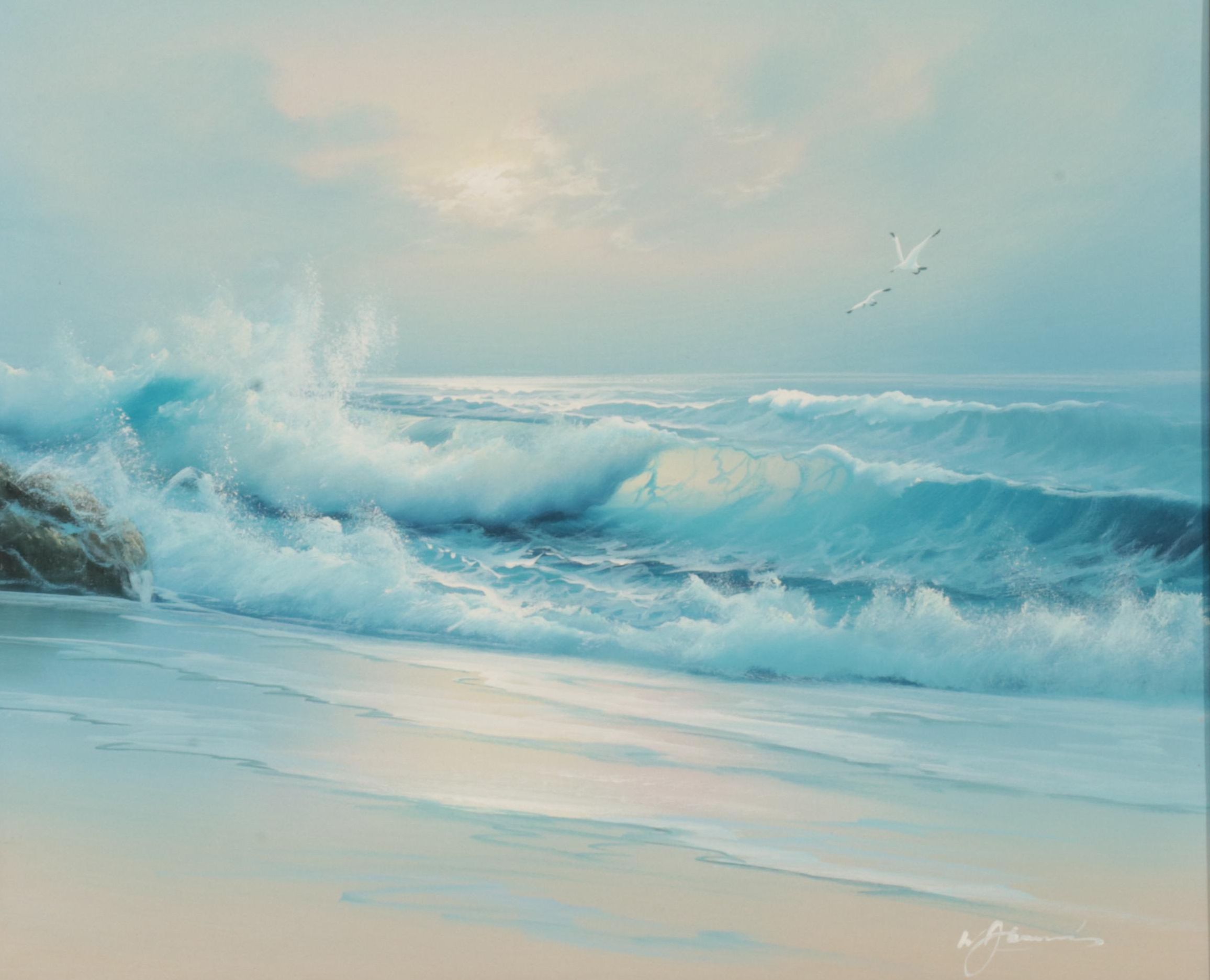W. Abrams Seascape Oil Painting of Waves Crashing on Beach
