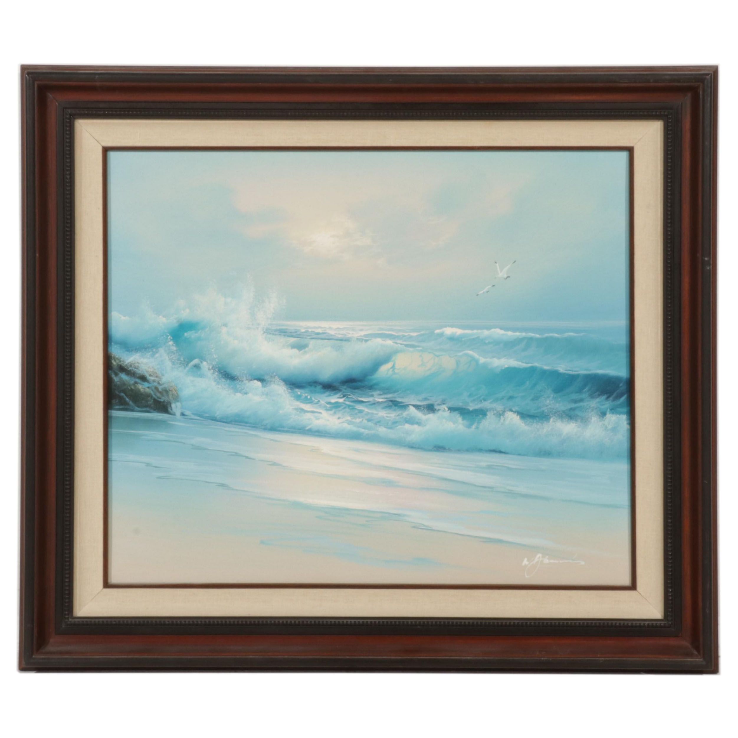 W. Abrams Seascape Oil Painting of Waves Crashing on Beach