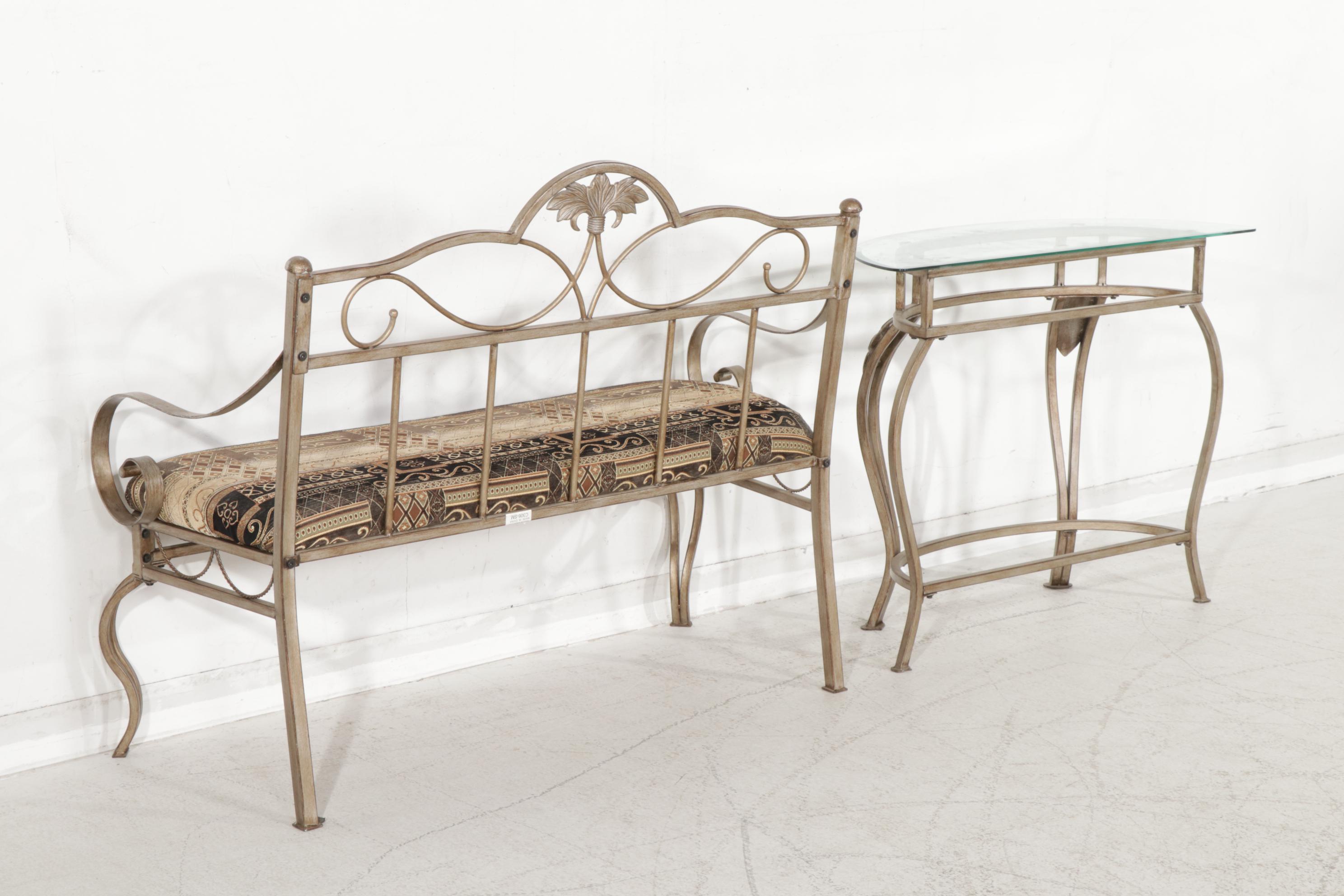 Contemporary Metal Bench Seat, Demilune Table and Mirror with Clock