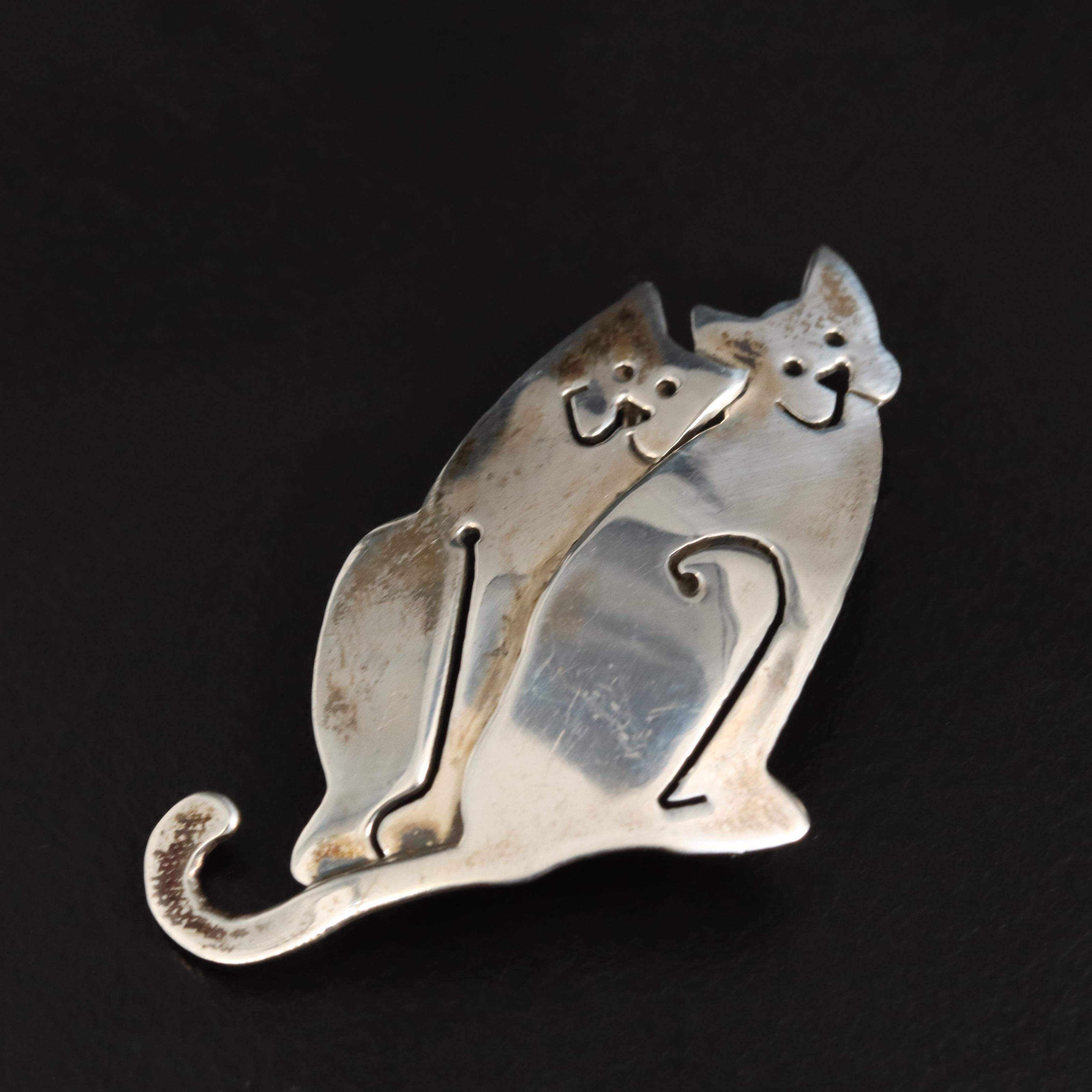 Sterling Cat Duo Brooch
